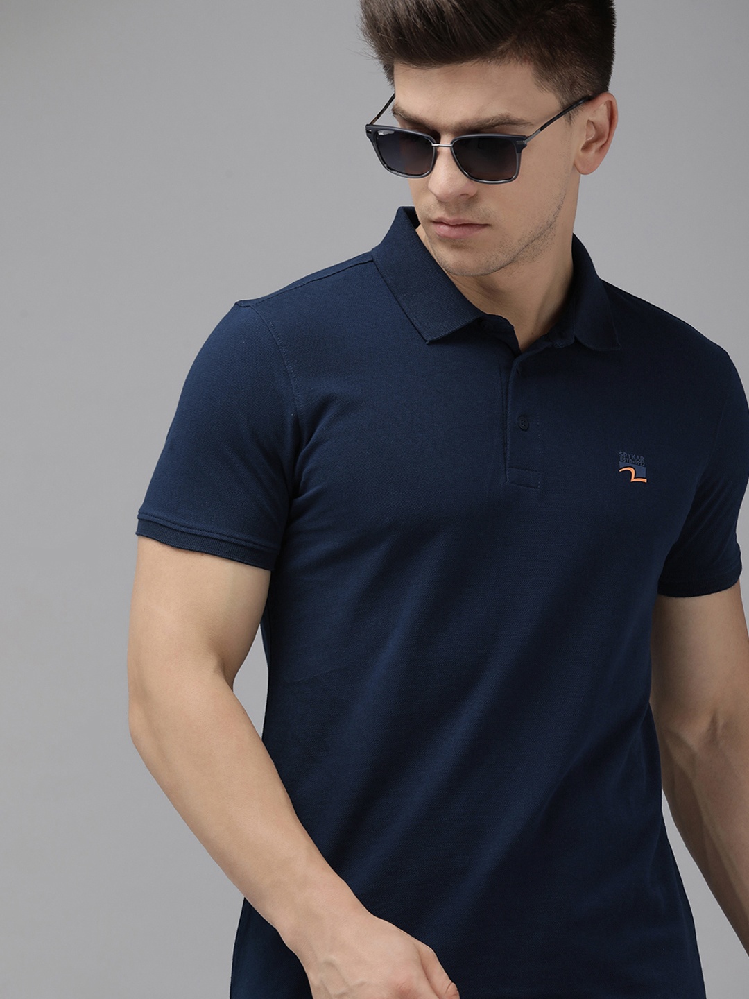 

SPYKAR Men Navy Blue Polo Collar Pure Cotton Slim Fit T-shirt