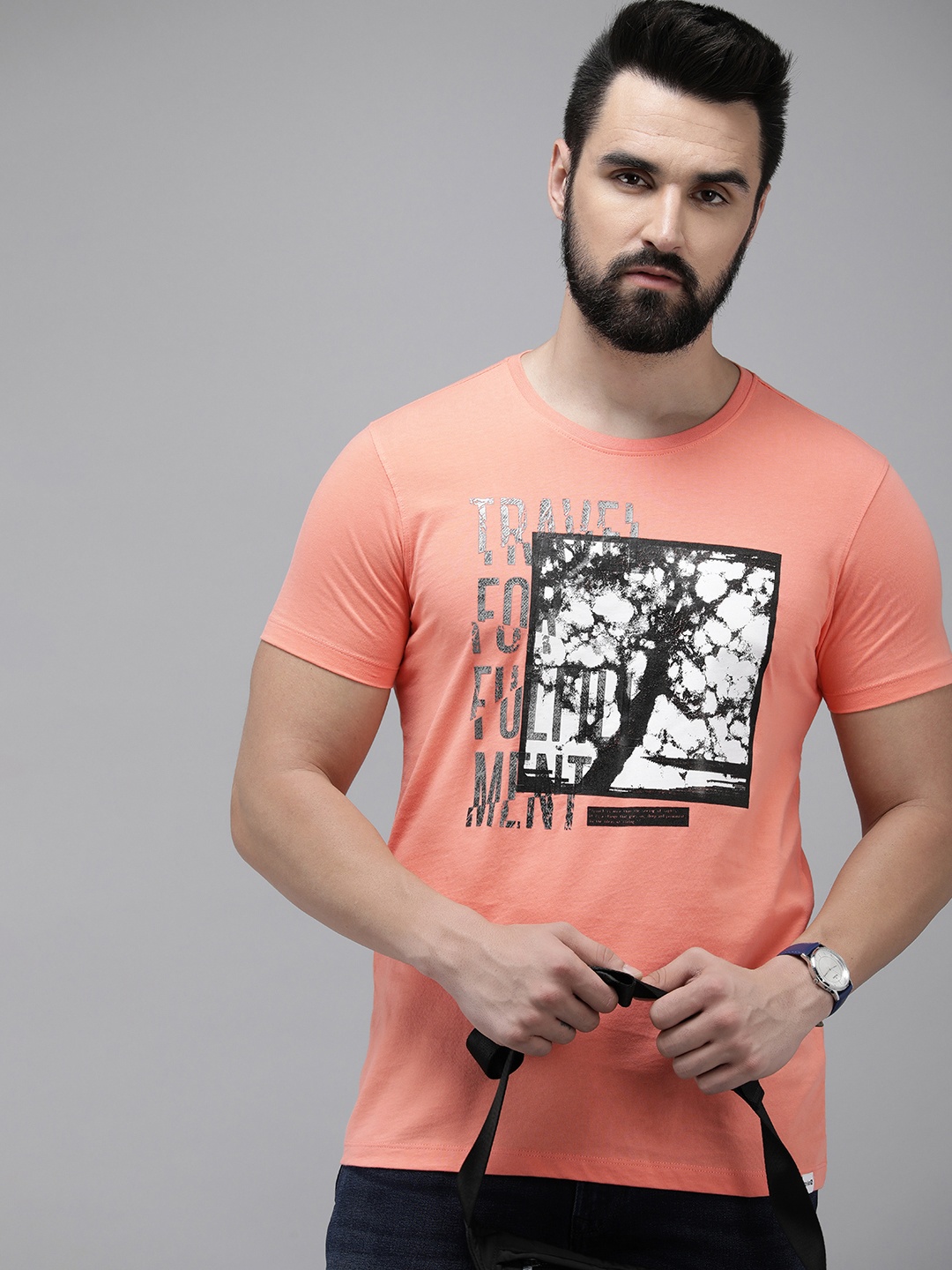 

SPYKAR Graphic Printed Pure Cotton Slim Fit T-shirt, Coral