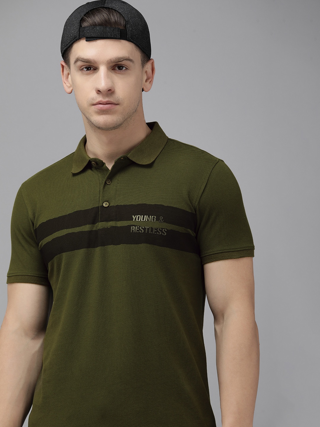 

SPYKAR Men Olive Green & Black Striped Slim Fit Pure Cotton Polo Collar T-shirt