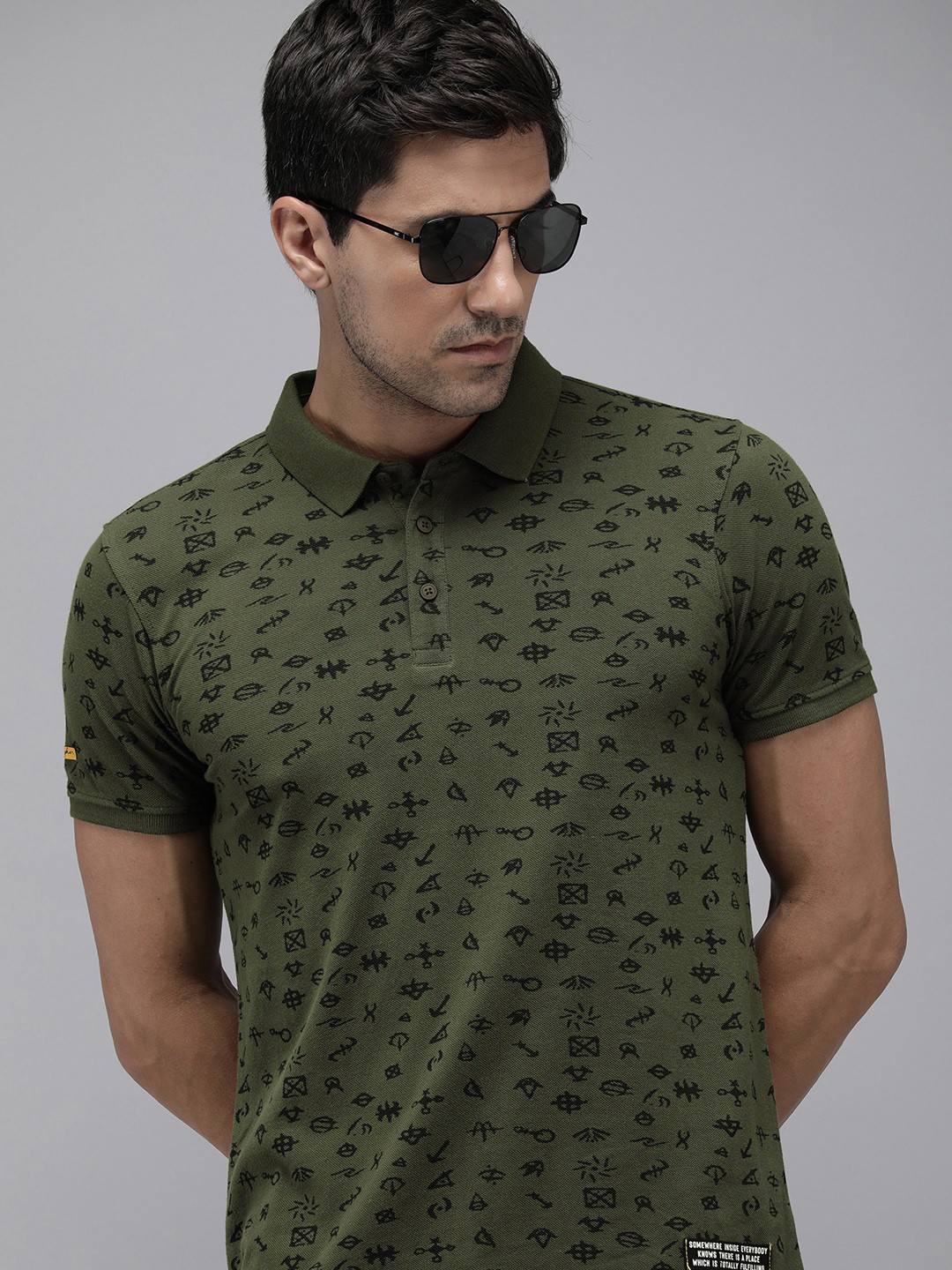 

SPYKAR Printed Polo Collar Pure Cotton Slim Fit T-shirt, Olive