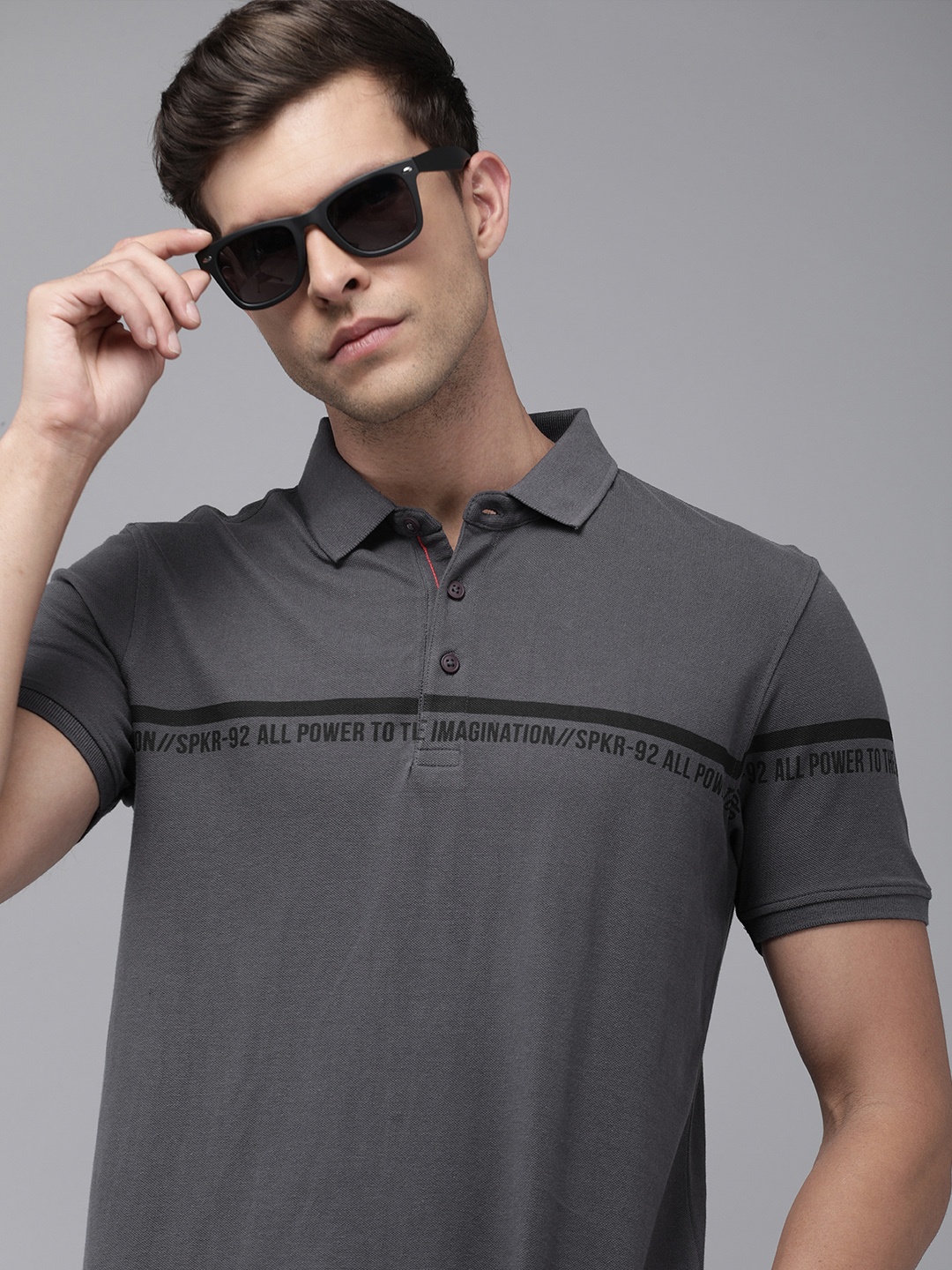 

SPYKAR Printed Polo Collar Pure Cotton Slim Fit T-shirt, Grey