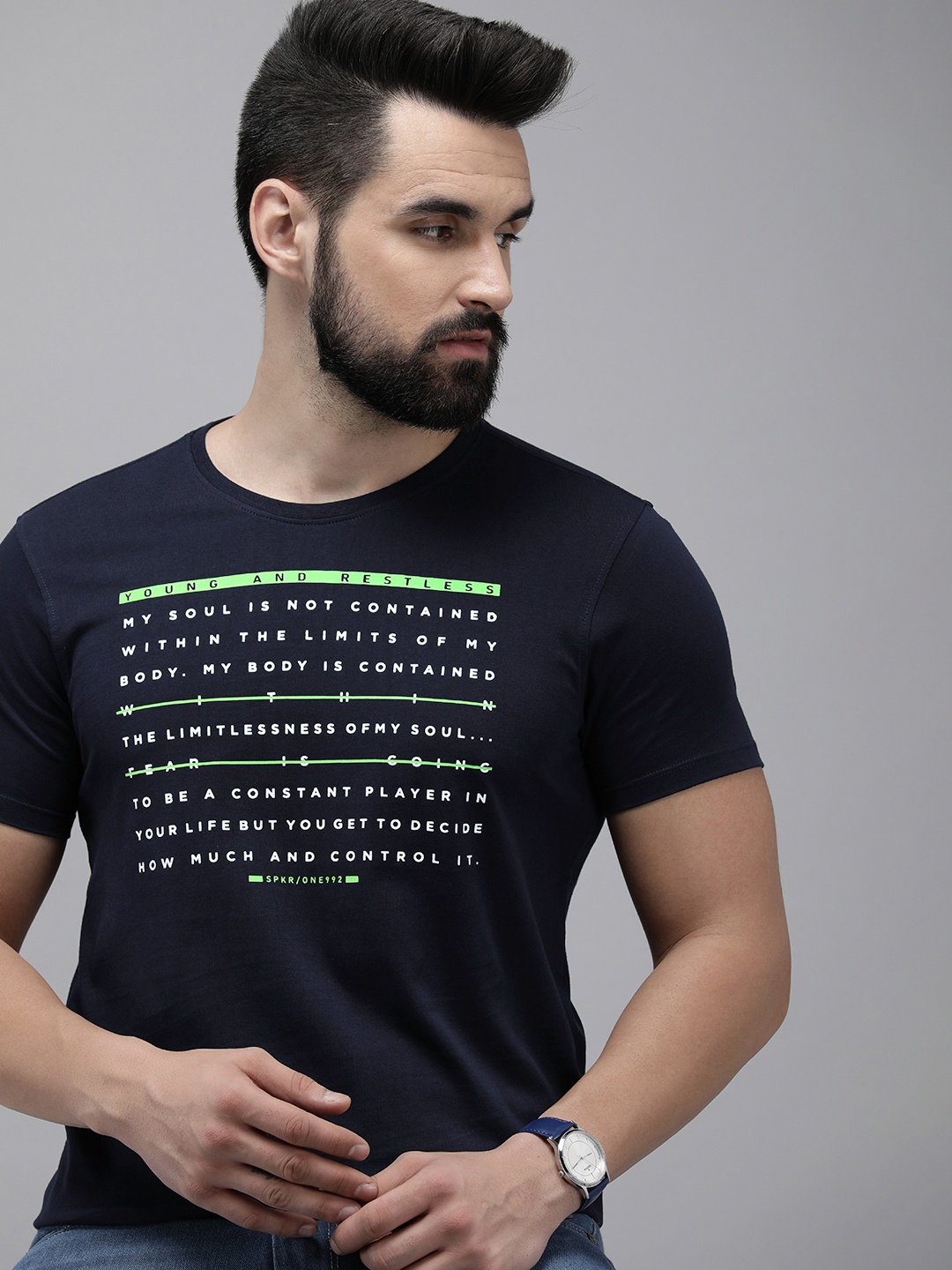 

SPYKAR Typography Printed Pure Cotton Slim Fit T-shirt, Navy blue