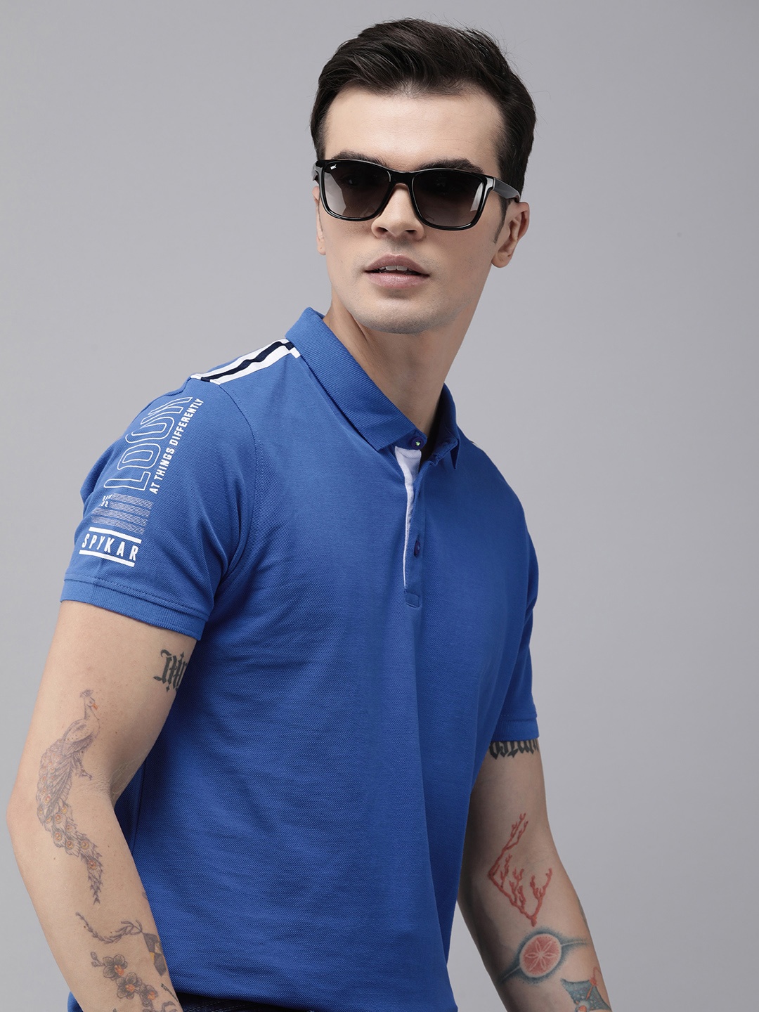 

SPYKAR Men Polo Collar Indigo Pure Cotton Slim Fit T-shirt With Shoulder Taping Detail, Blue