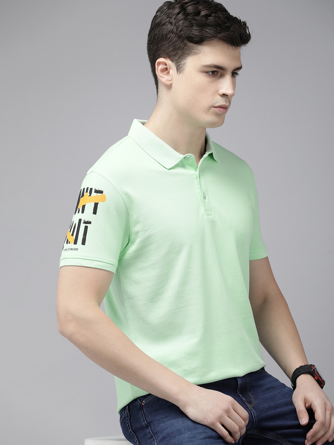 

SPYKAR Pure Cotton Typography Printed Polo Collar Slim Fit T-shirt, Green