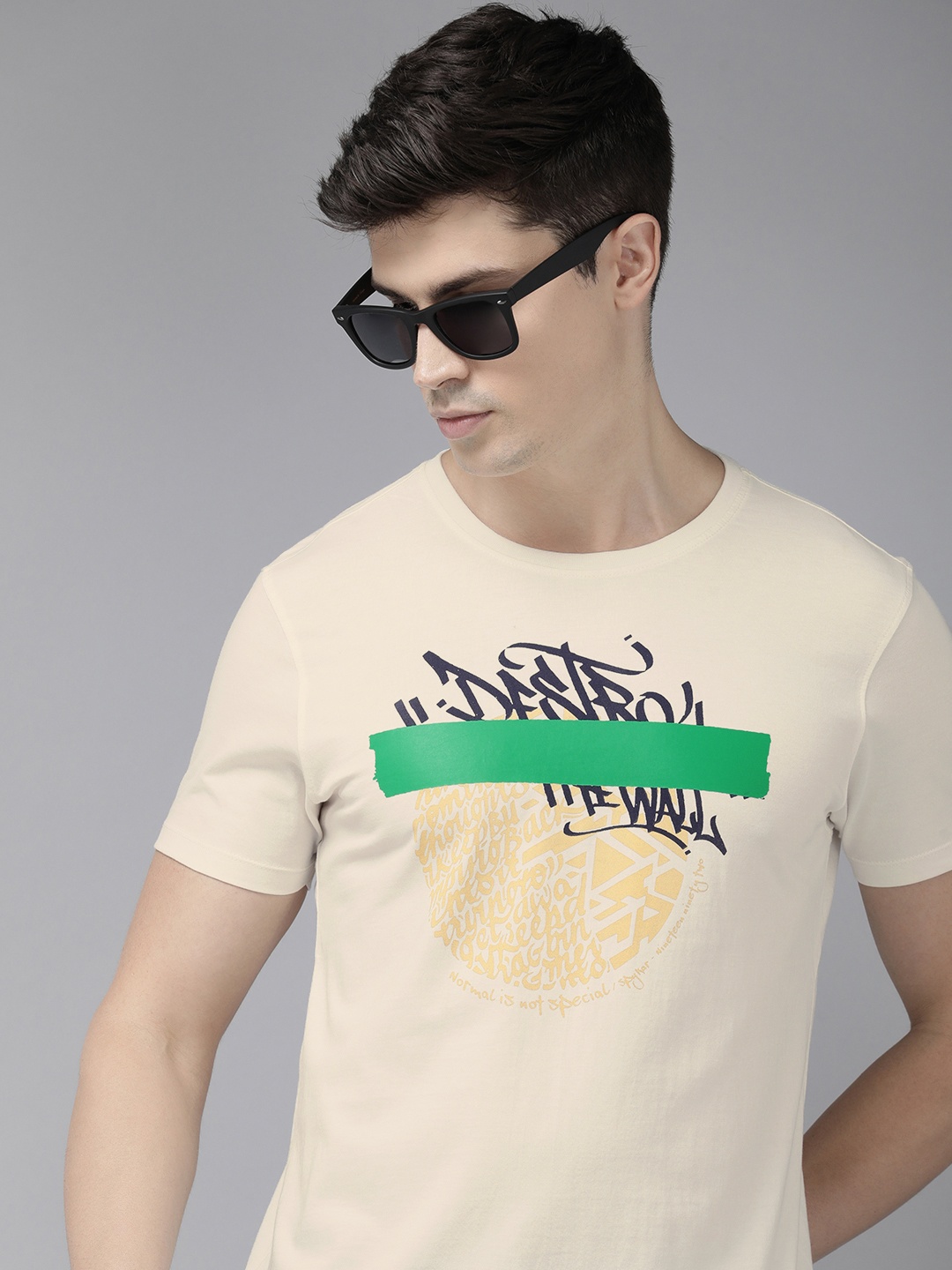 

SPYKAR Printed Pure Cotton Slim Fit T-shirt, Off white