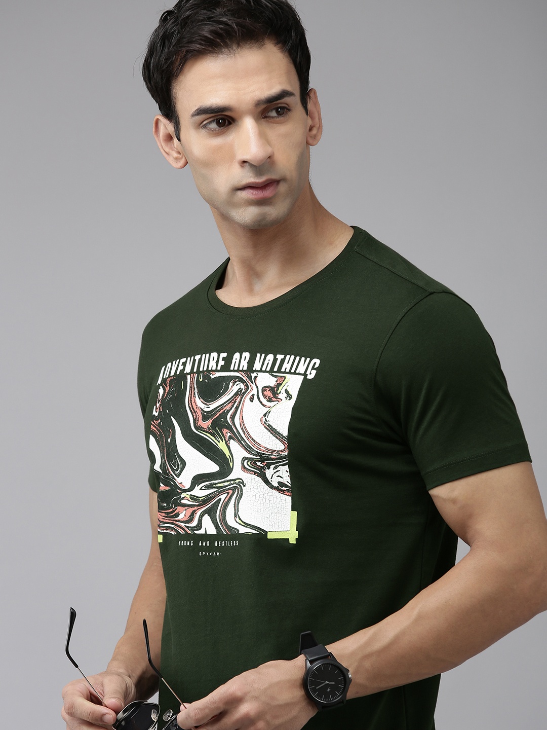 

SPYKAR Printed Pure Cotton Slim Fit T-shirt, Green