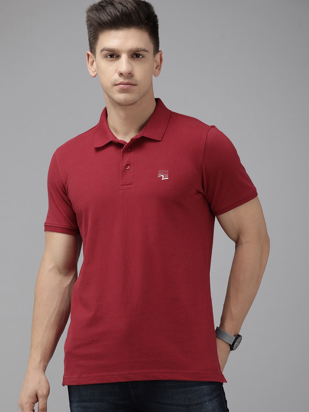 

SPYKAR Men Red Brand Logo Printed Polo Collar Applique Pure Cotton T-shirt