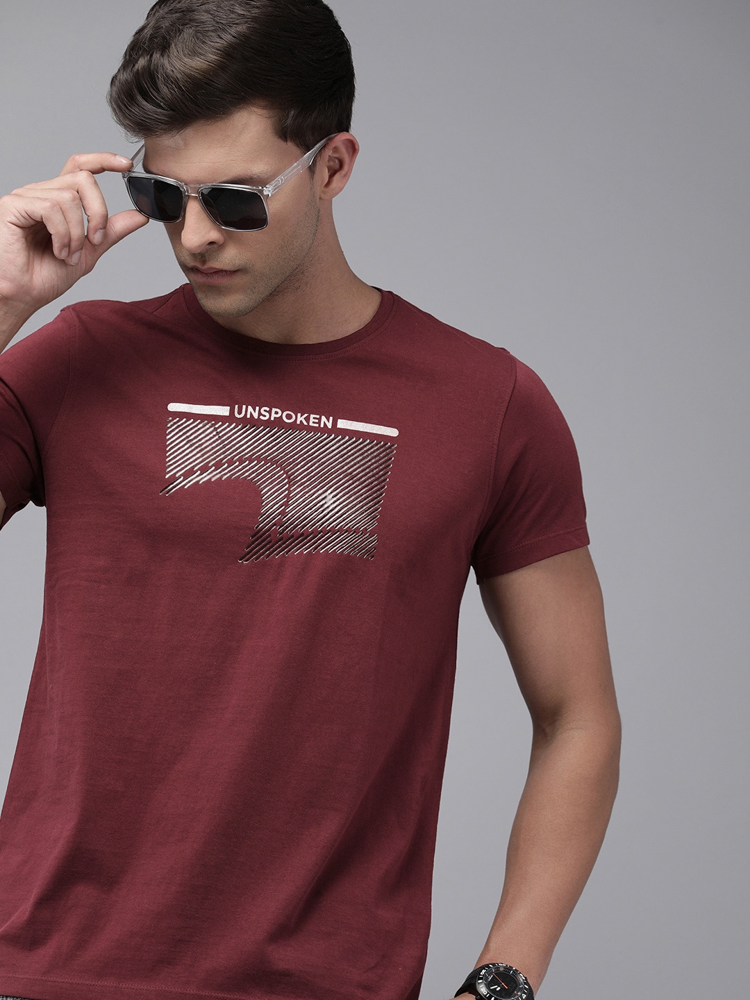 

SPYKAR Printed Pure Cotton Slim Fit T-shirt, Maroon
