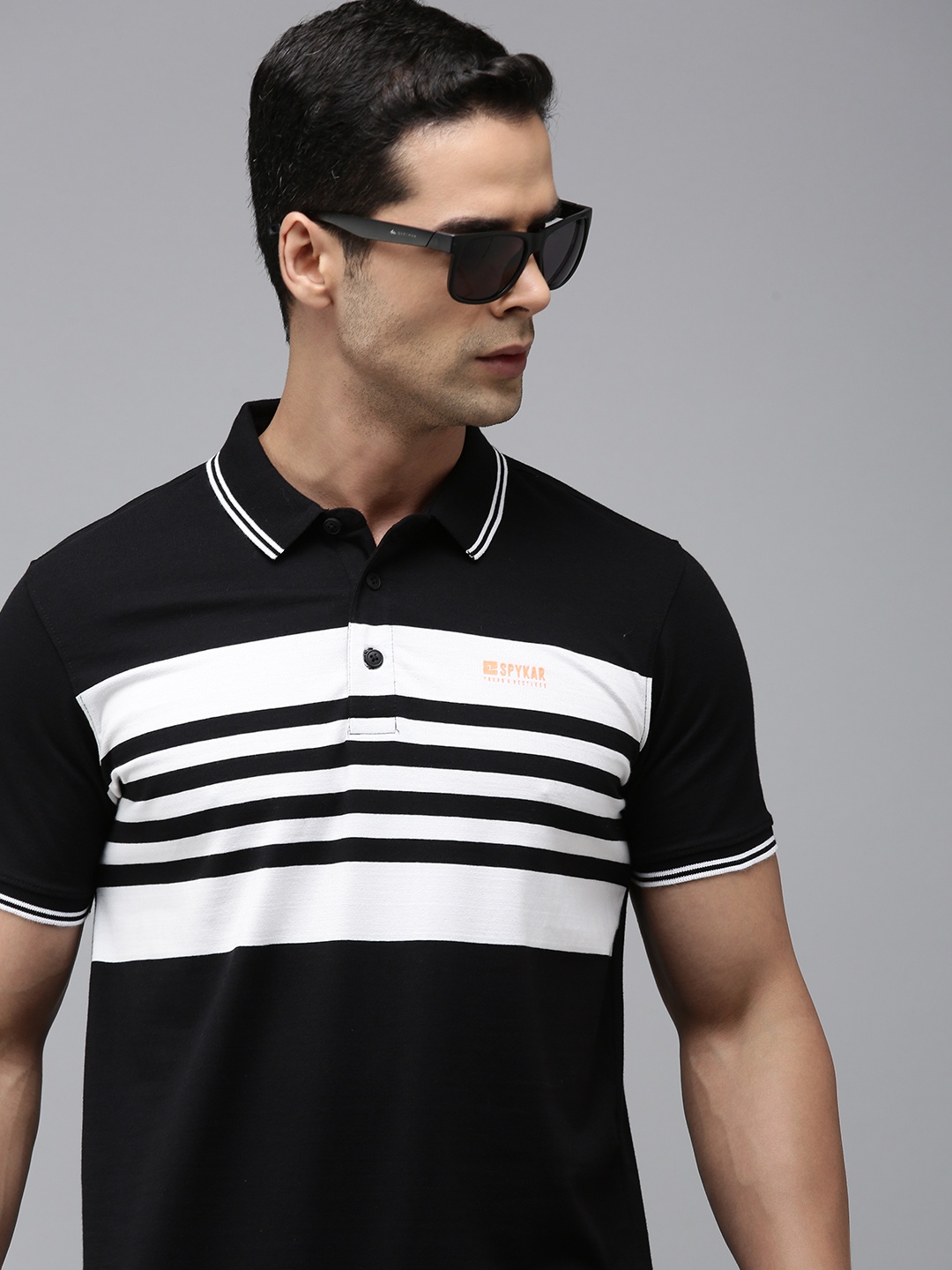 

SPYKAR Men Pure Cotton Striped Polo Collar Slim Fit T-shirt, Black