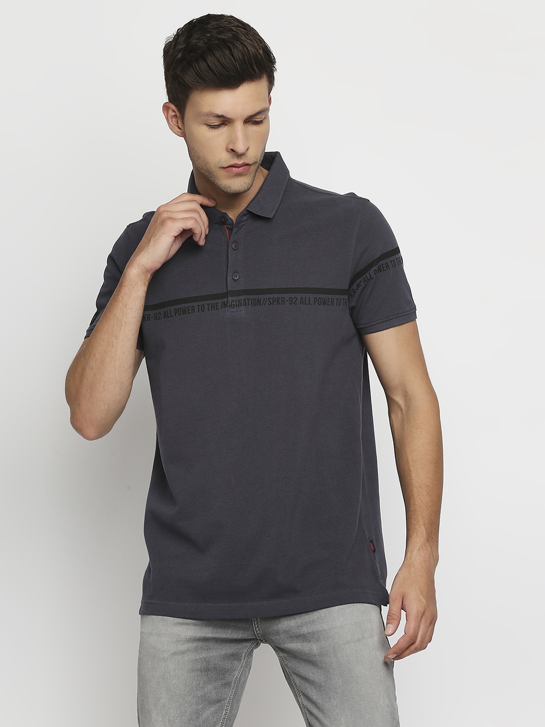 

SPYKAR Typography Printed Polo Collar Pure Cotton Slim Fit T-shirt, Grey