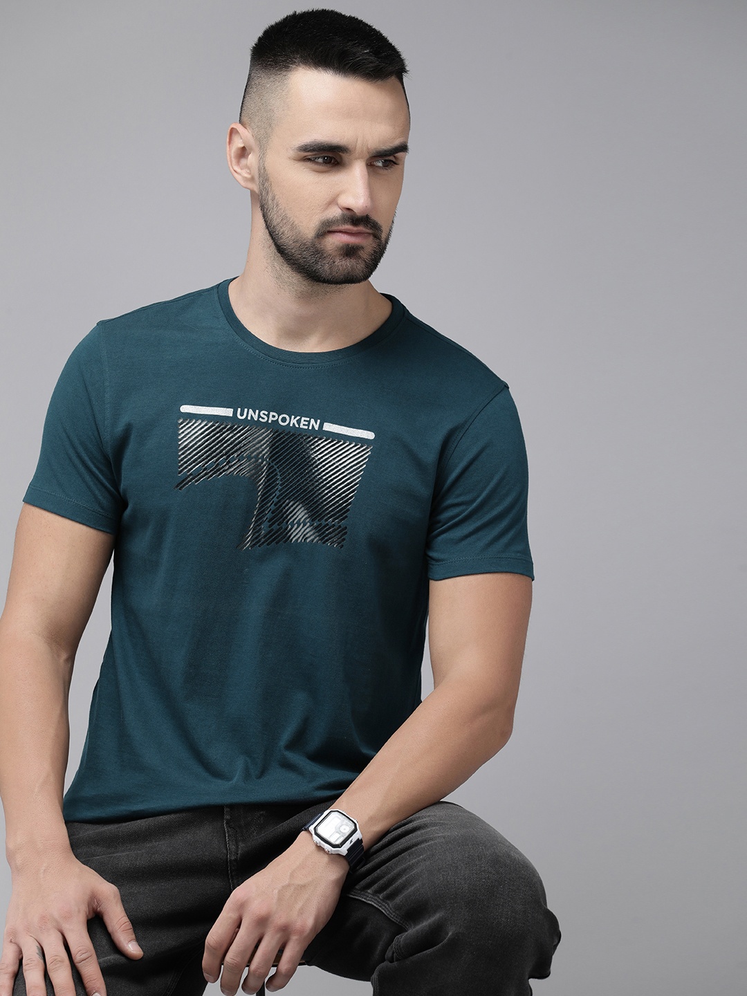 

SPYKAR Pure Cotton Graphic Printed Slim Fit T-shirt, Teal