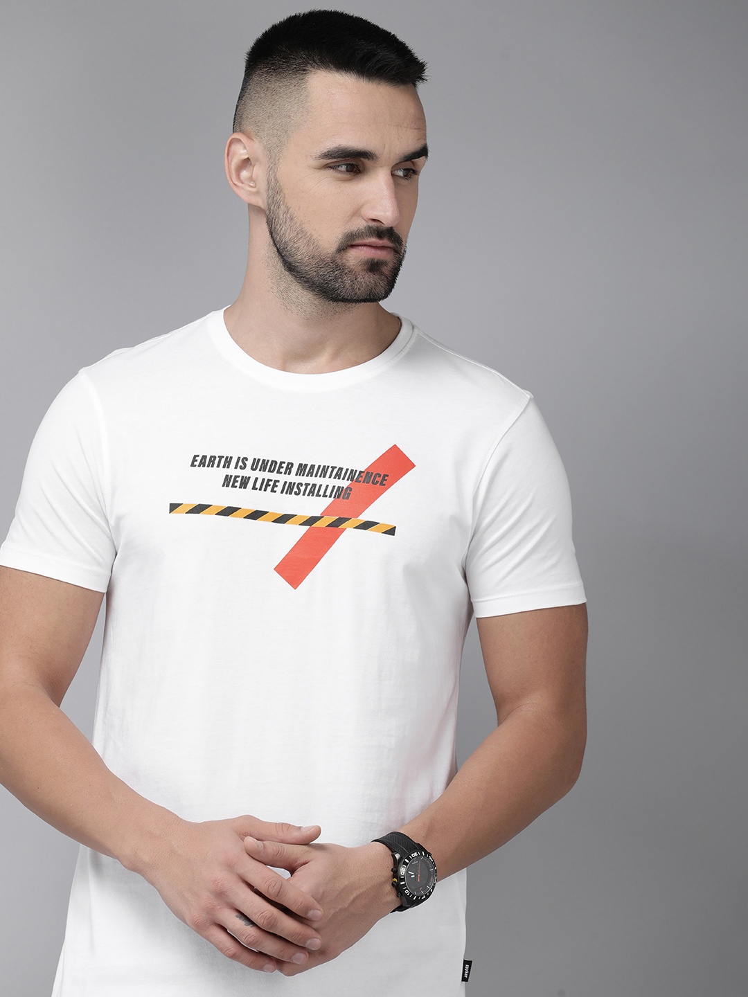 

SPYKAR Pure Cotton Typography Printed Slim Fit T-shirt, White