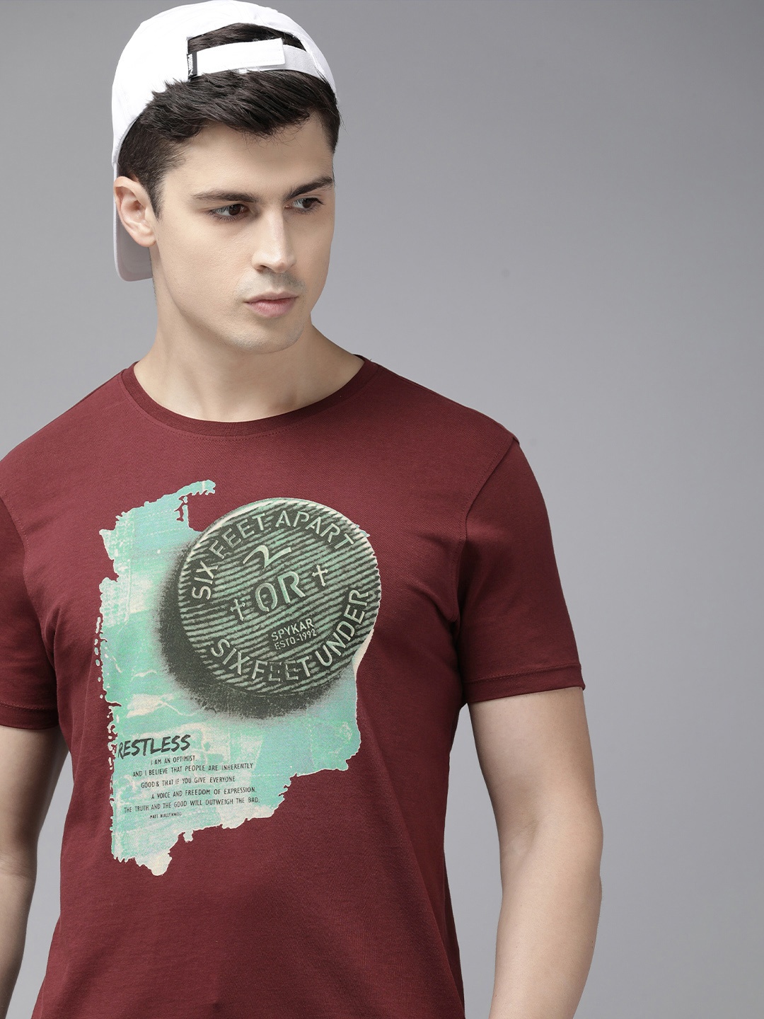 

SPYKAR Printed Pure Cotton Slim Fit T-shirt, Maroon