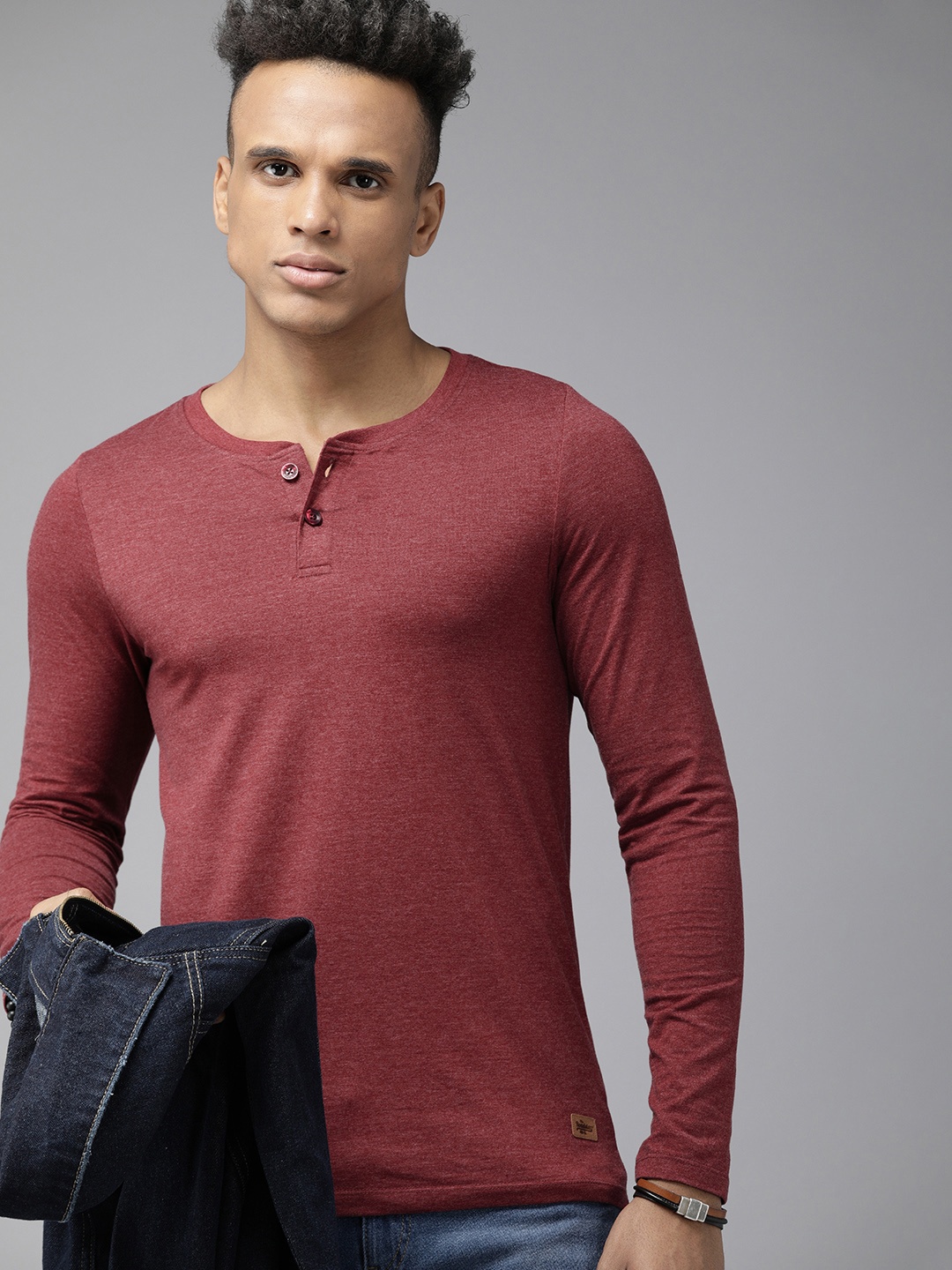 

The Roadster Lifestyle Co Men Maroon Solid Henley Neck Casual T-shirt