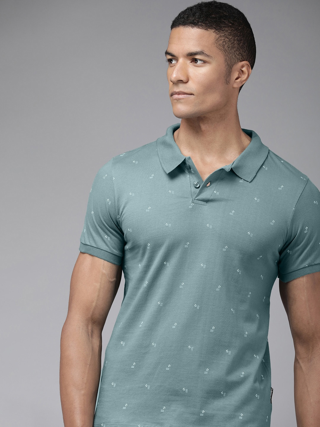 

The Roaster Lifestyle Co. Men Green & White Printed Pure Cotton Polo Collar T-shirt