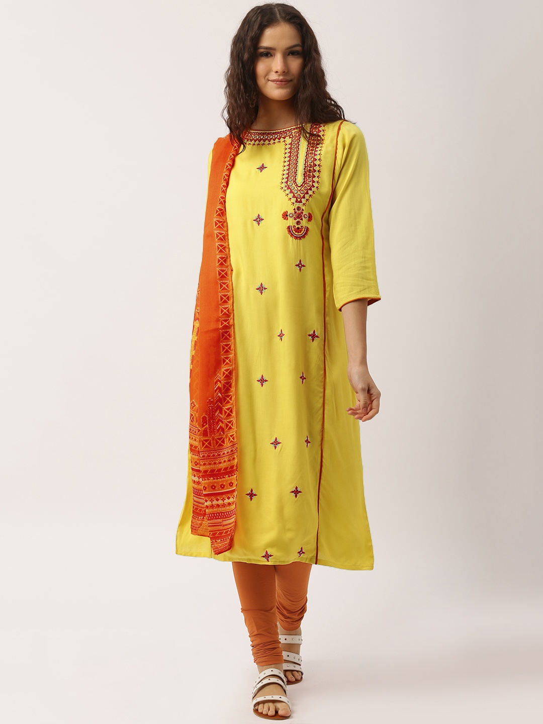 

IMARA by Yellow & Rust Orange Embroidered Churidar Kurta with Dupatta