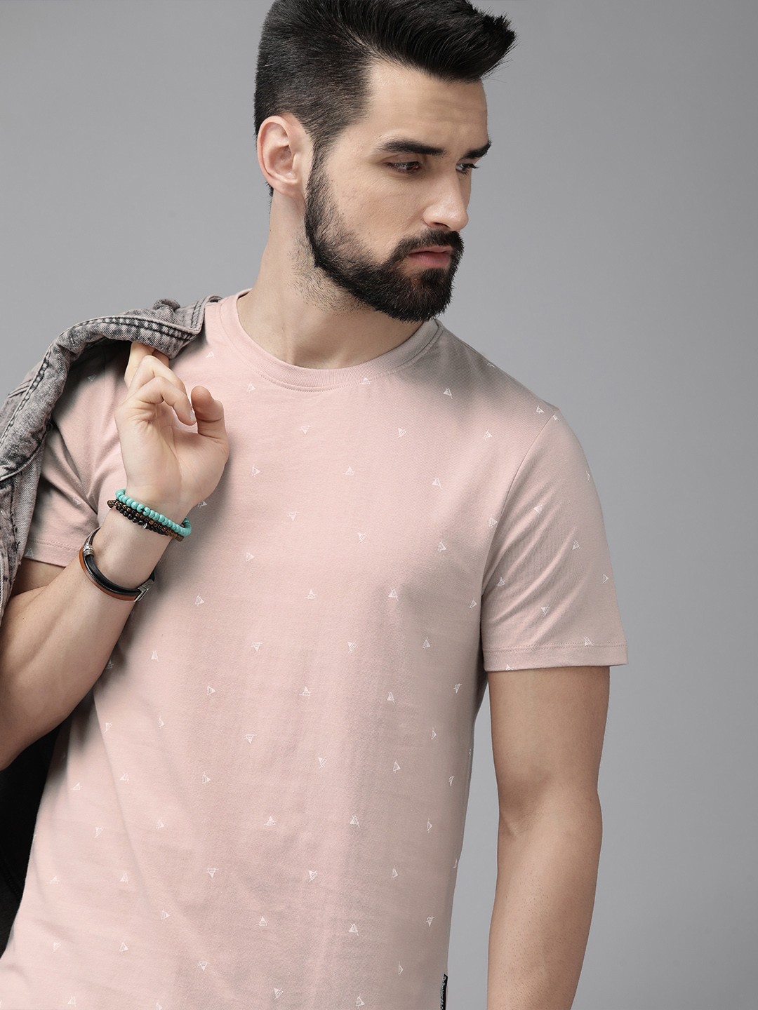 

Roadster Men Dusty Pink & White Printed Pure Cotton T-shirt, Rose