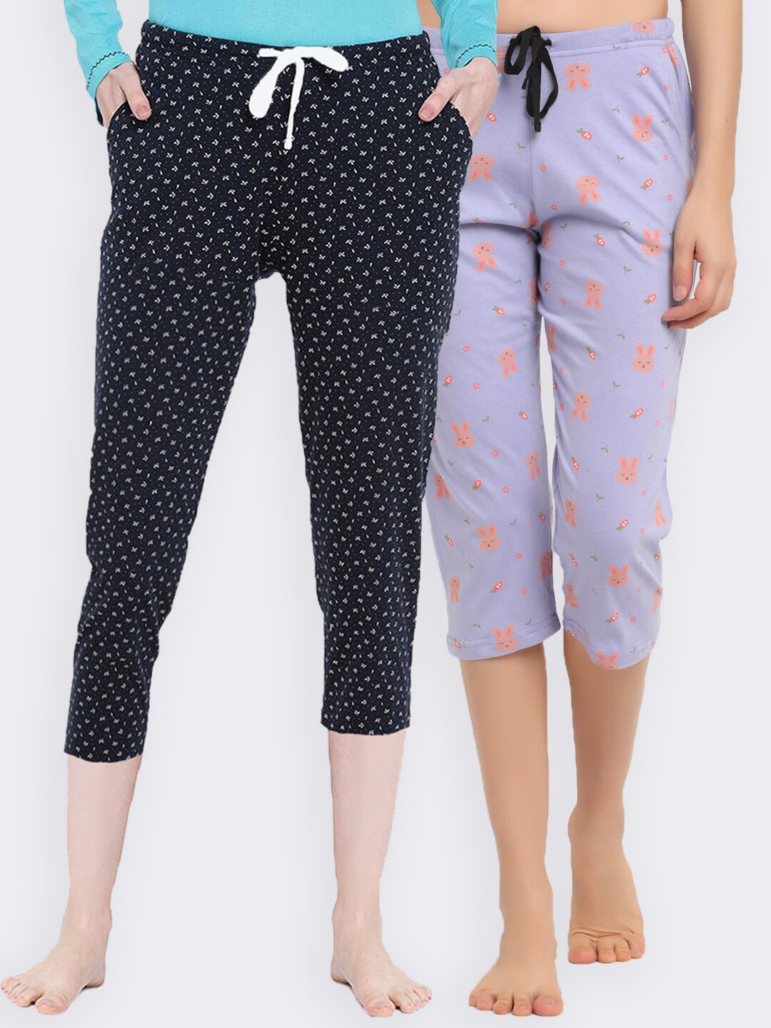

Kanvin Women Pack of 2 Printed Pure Cotton Three-Fourth Lounge Pants, Purple