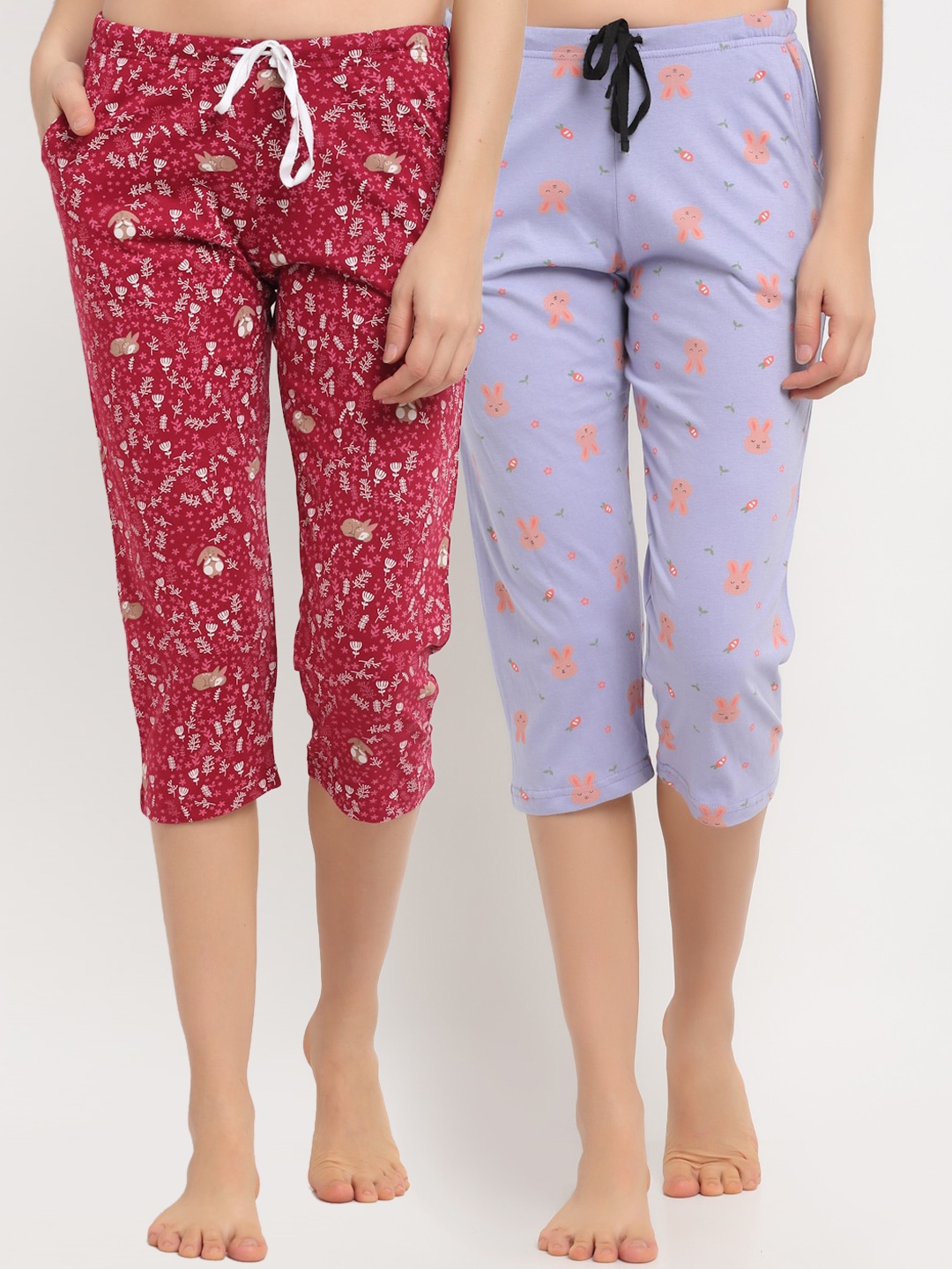 

Kanvin Women Pack of 2 Red & Blue Printed Cotton Lounge Pants