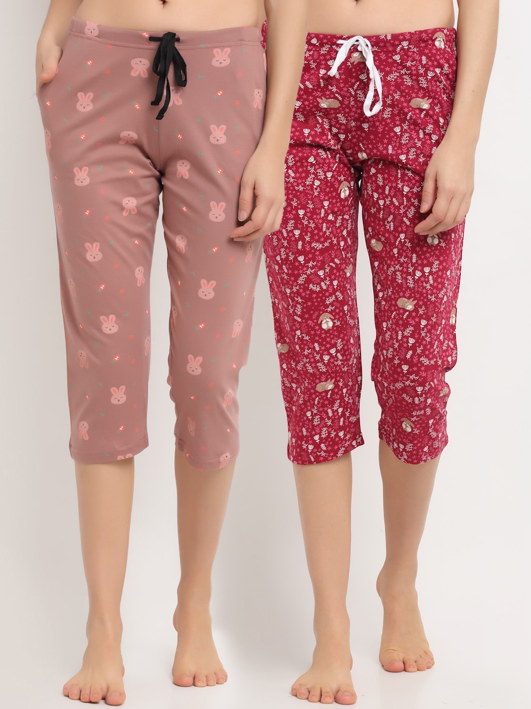 

Kanvin Women Pack of 2 Printed Pure Cotton Three-Fourth Lounge Pants, Mauve