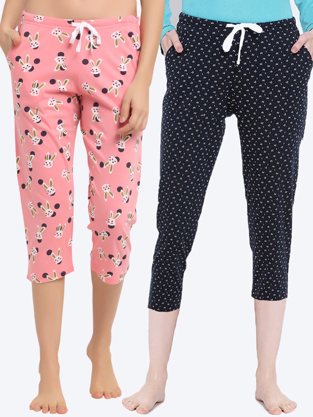 

Kanvin Women Pack Of 2 Pink & Navy Blue Printed Pure Cotton Lounge Capri