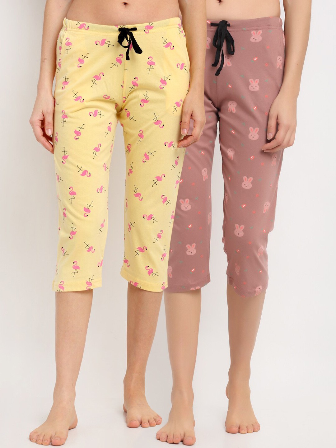 

Kanvin Women Pack Of 2 Mauve & Yellow Printed Pure Cotton Lounge Capris