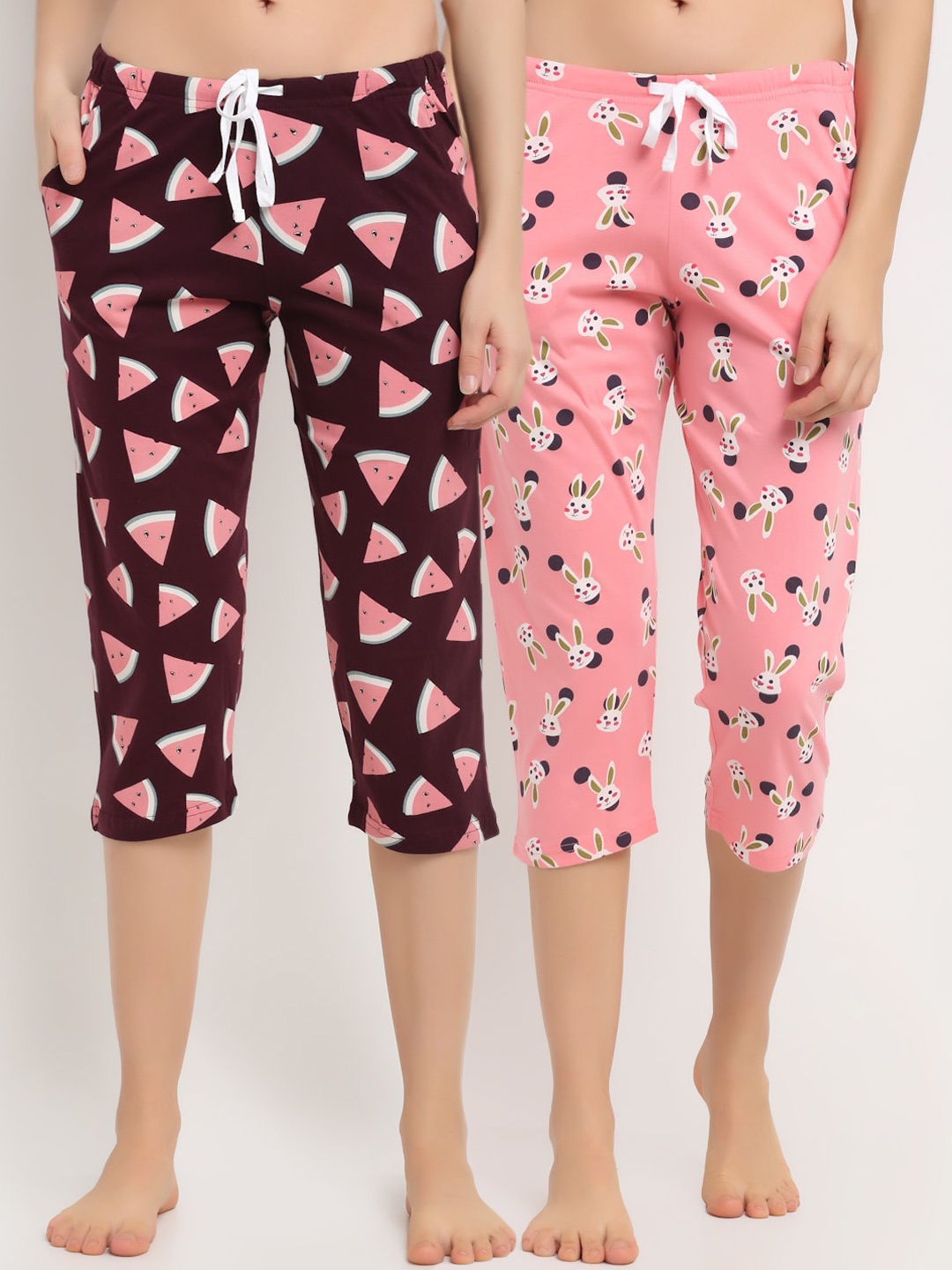 

Kanvin Pack of 2 Brown & Pink Printed Pure Cotton Capri Lounge Pants