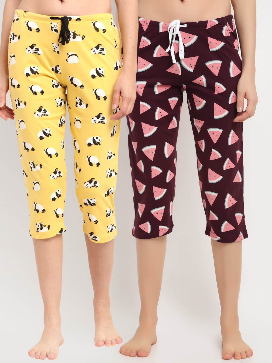 

Kanvin Women Yellow & Brown Pack Of 2 Printed Pure Cotton Lounge Capris