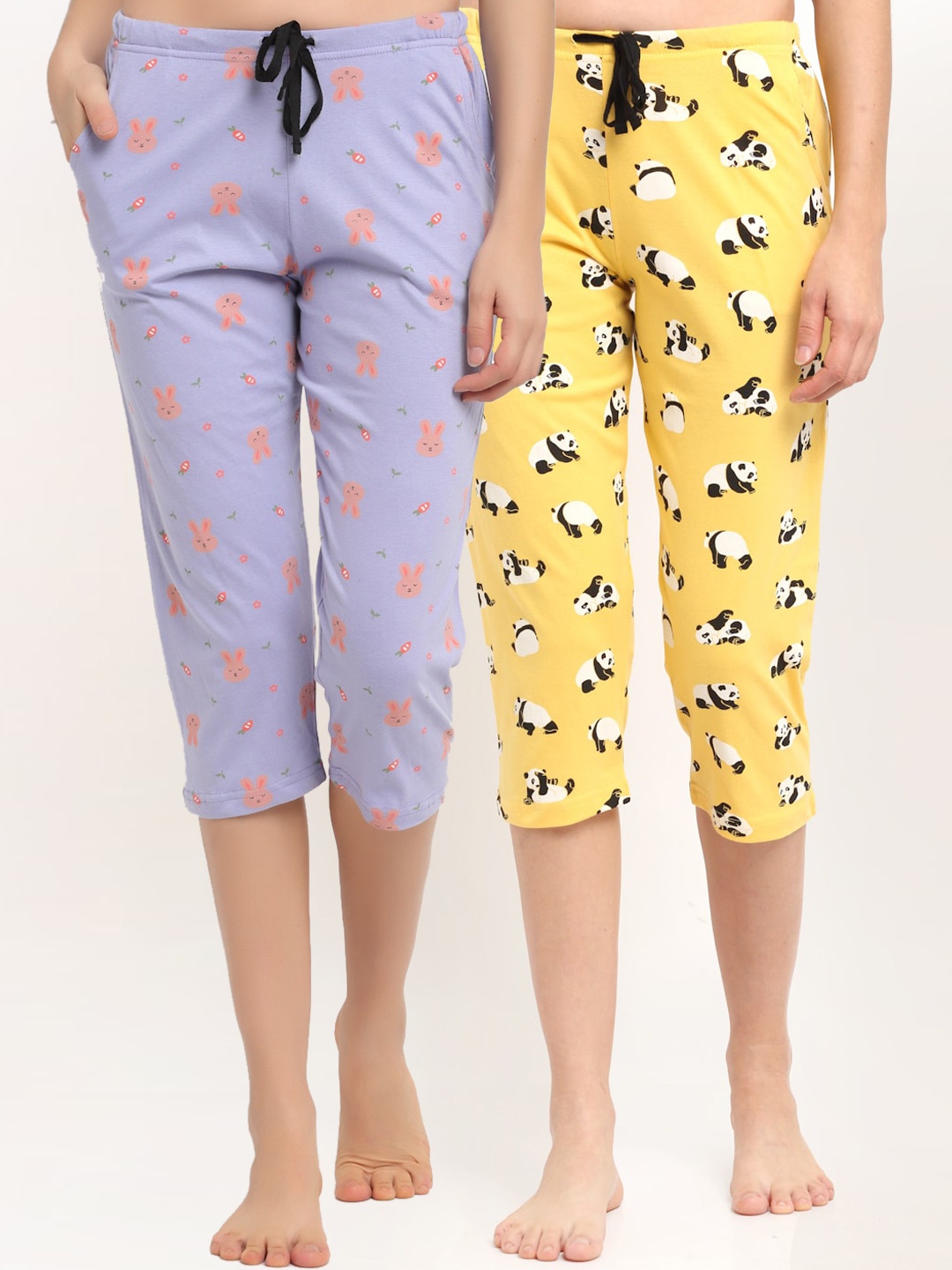 

Kanvin Women Pack Of 2 Printed Pure Cotton Lounge Capris, Yellow