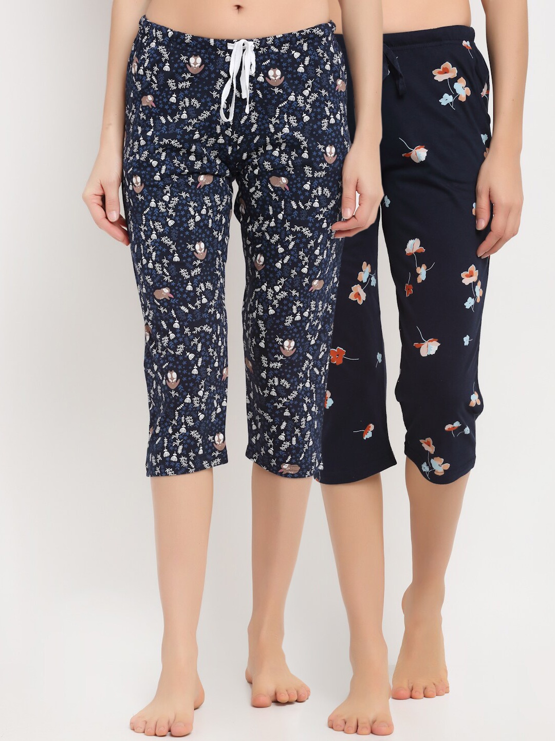 

Kanvin Women Navy Blue Printed Set of 2 Printed Pure Cotton Lounge Capris