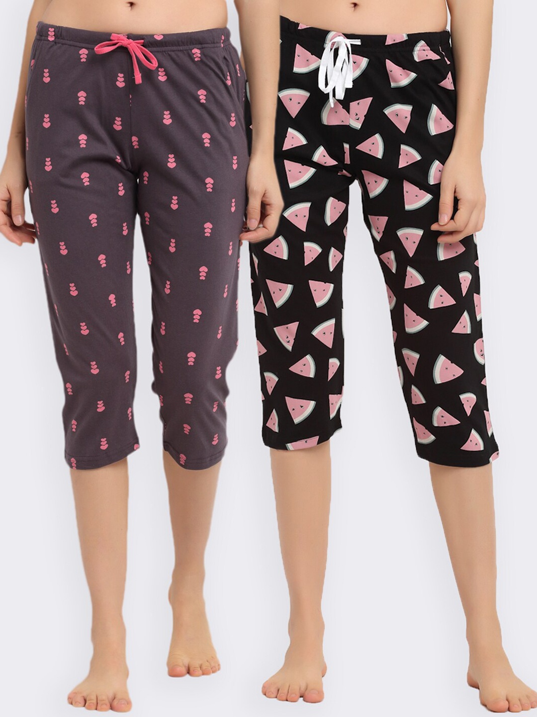 

Kanvin Women Pack Of 2 Printed Pure Cotton Lounge Capris, Black