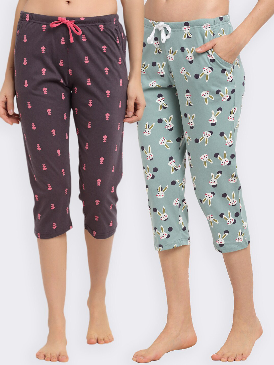 

Kanvin Women Green & Purple Pack Of 2 Printed Cotton Lounge Capri, Sea green