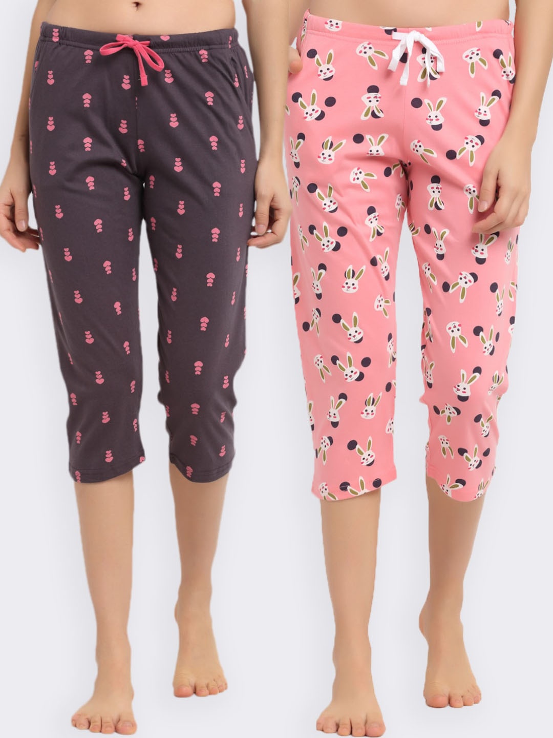 

Kanvin Women Pack Of 2 Pink & Purple Printed Cotton Three-Fourth Lounge Pants