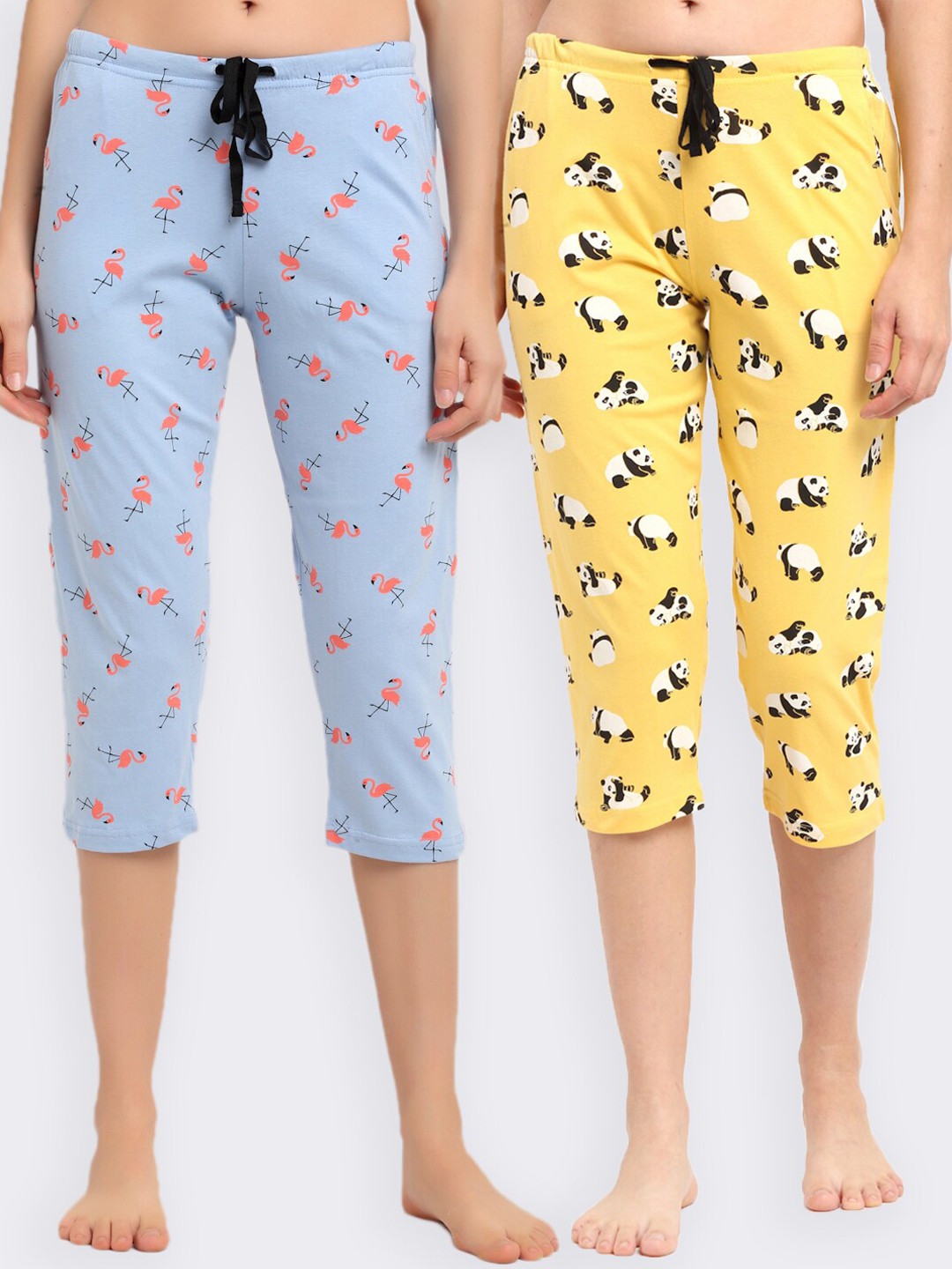 

Kanvin Women Pack of 2 Printed Pure Cotton Capri Lounge Pants, Yellow