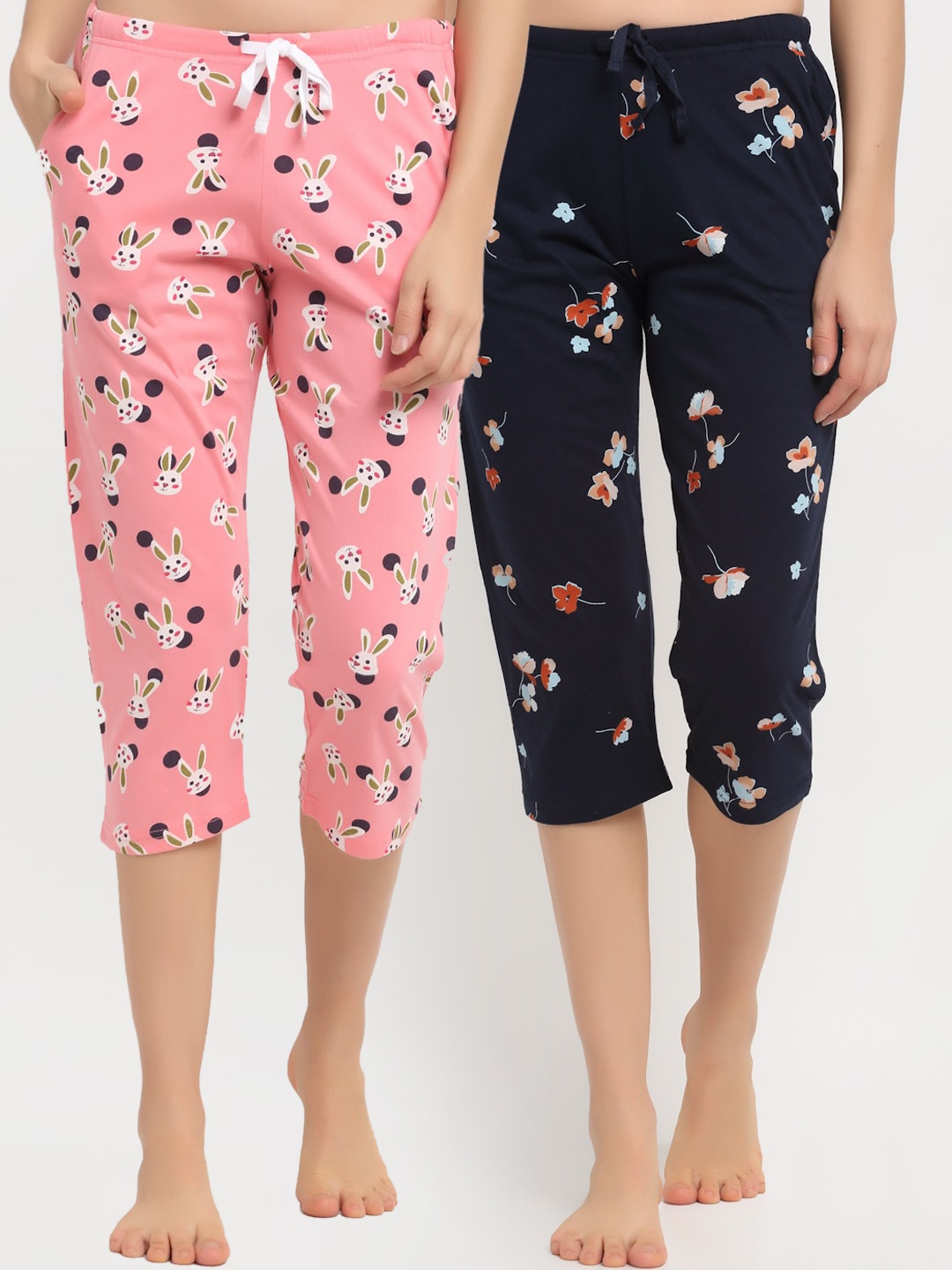 

Kanvin Women Pack of 2 Printed Pure Cotton Capris, Navy blue