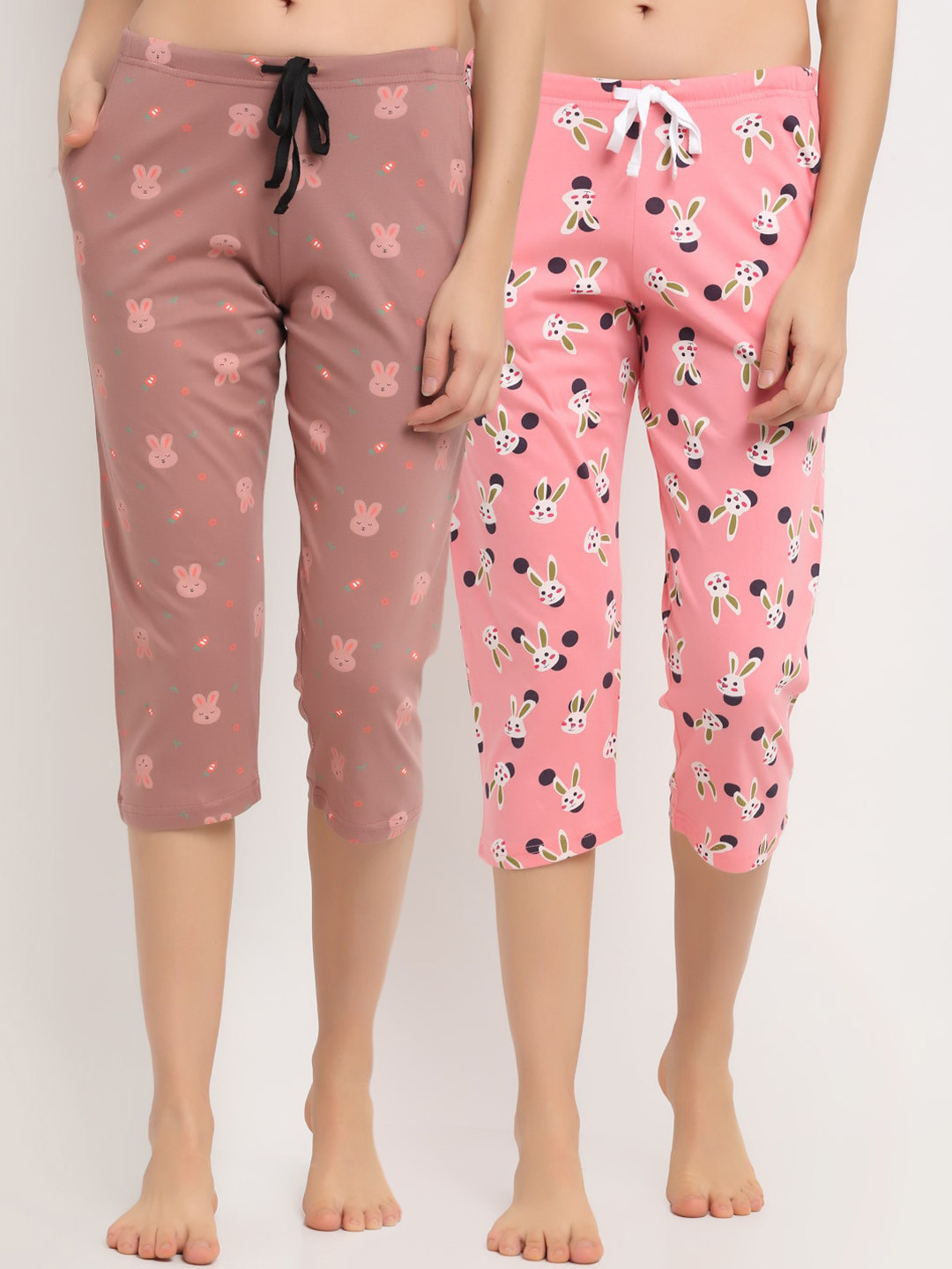 

Kanvin Women Pack Of 2 Mauve & Pink Printed Pure Cotton Lounge Capris