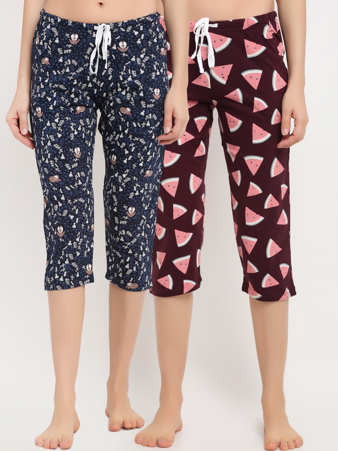 

Kanvin Women Pack Of 2 Printed Pure Cotton Capri Lounge Pants, Brown
