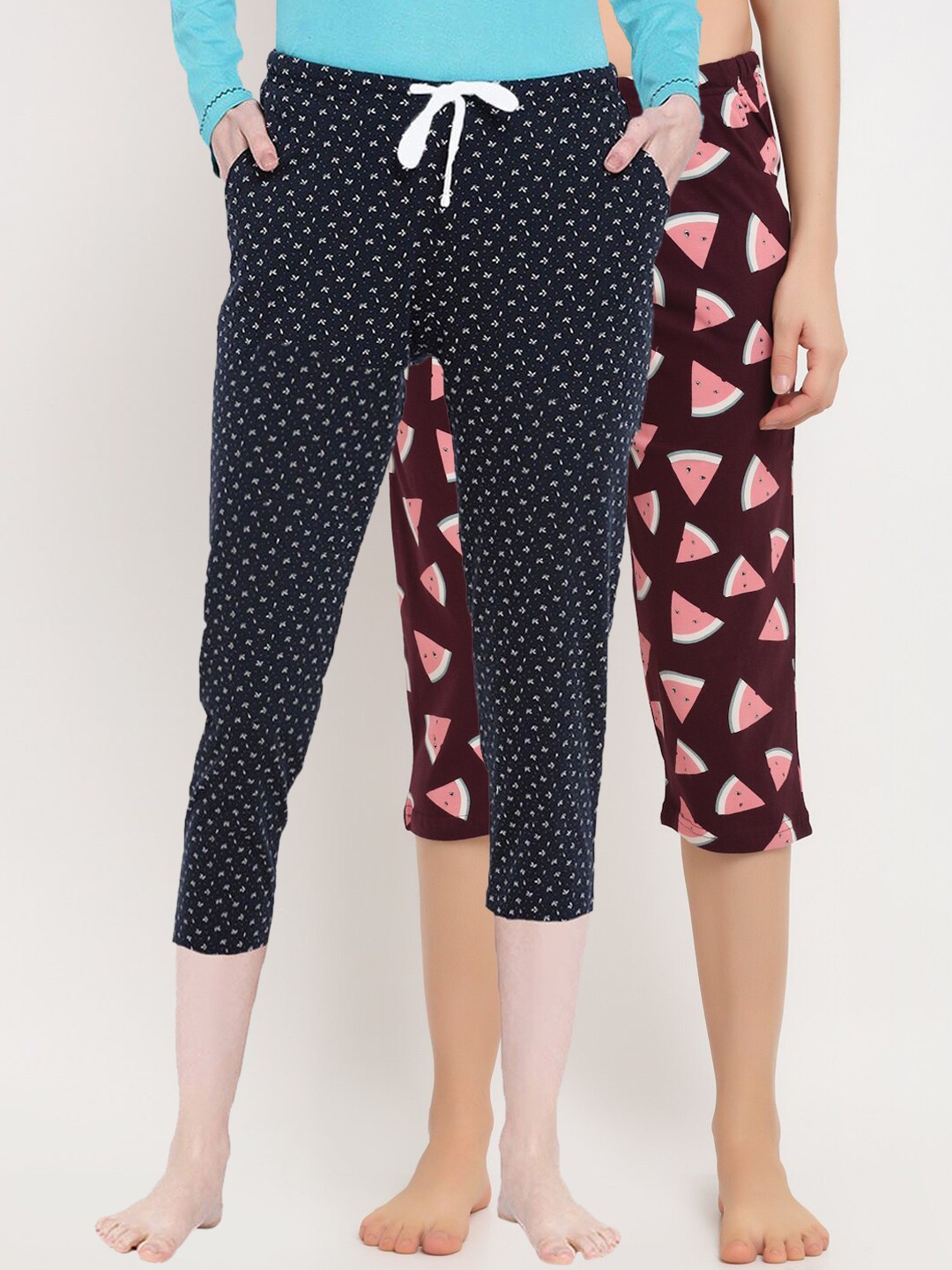 

Kanvin Women Pack Of 2 Printed Cotton Capri Lounge Pants, Brown