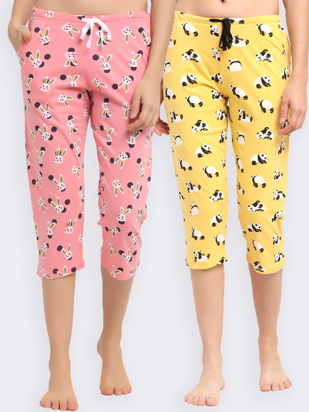 

Kanvin Women Pack Of 2 Printed Pure Cotton Lounge Capris, Yellow