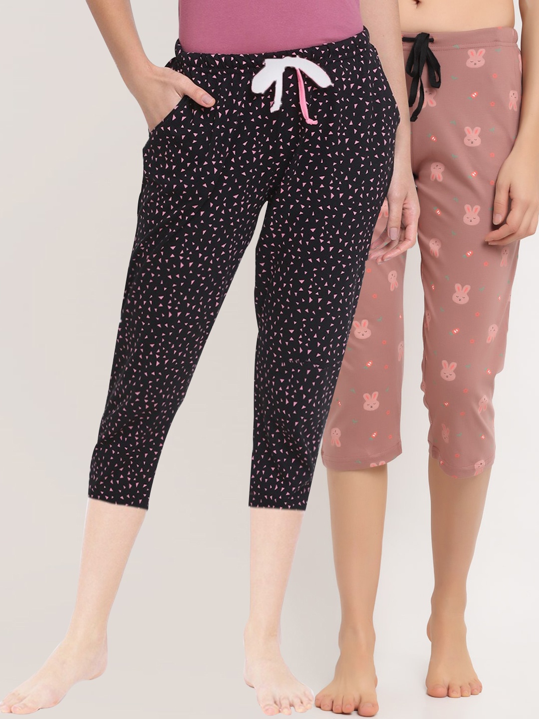 

Kanvin Women Pack Of 2 Black & Mauve Printed Pure Cotton Capri Lounge Pants