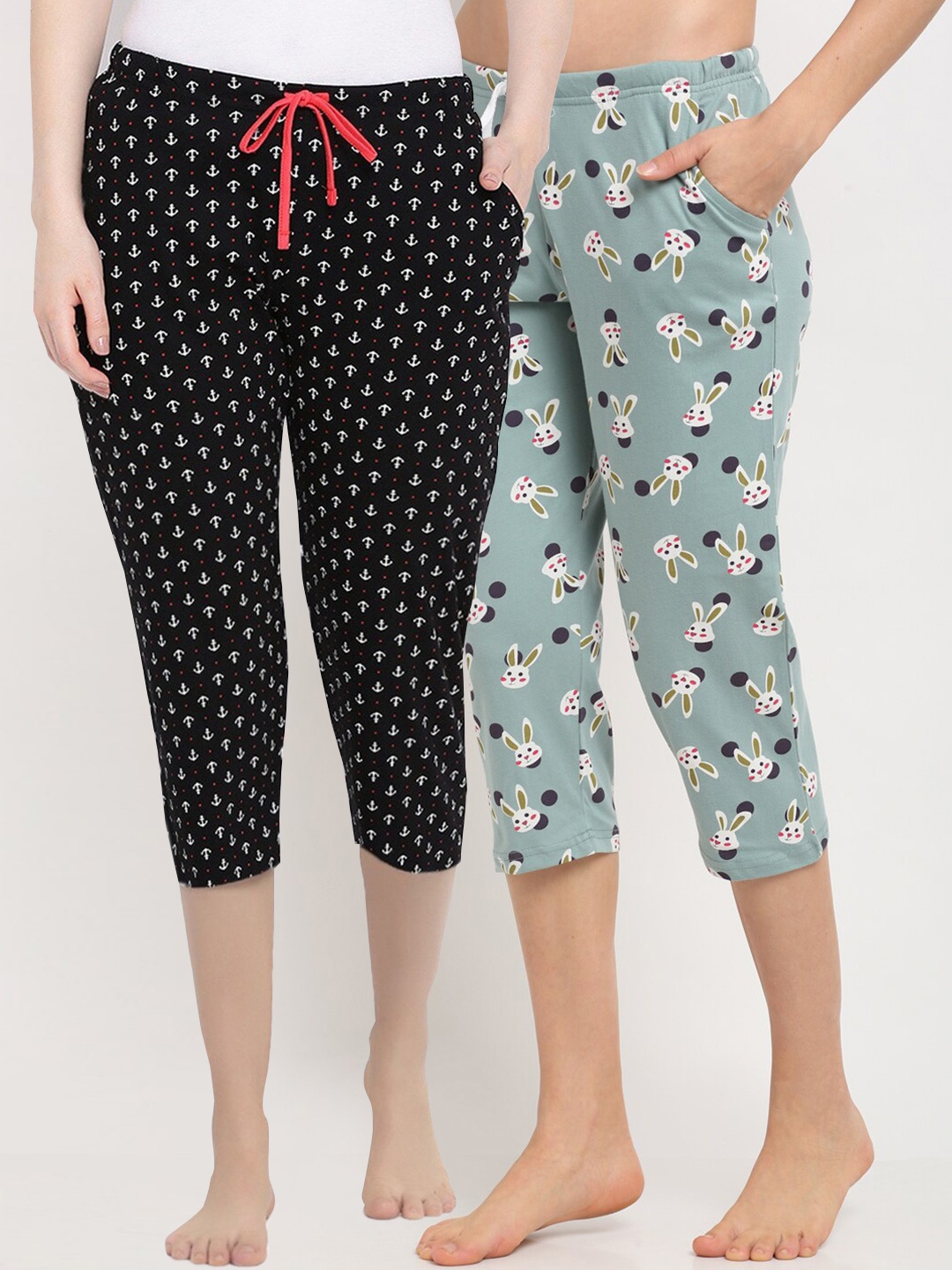 

Kanvin Women Sea Green & Black Pack Of 2 Printed Pure Cotton Lounge Capris