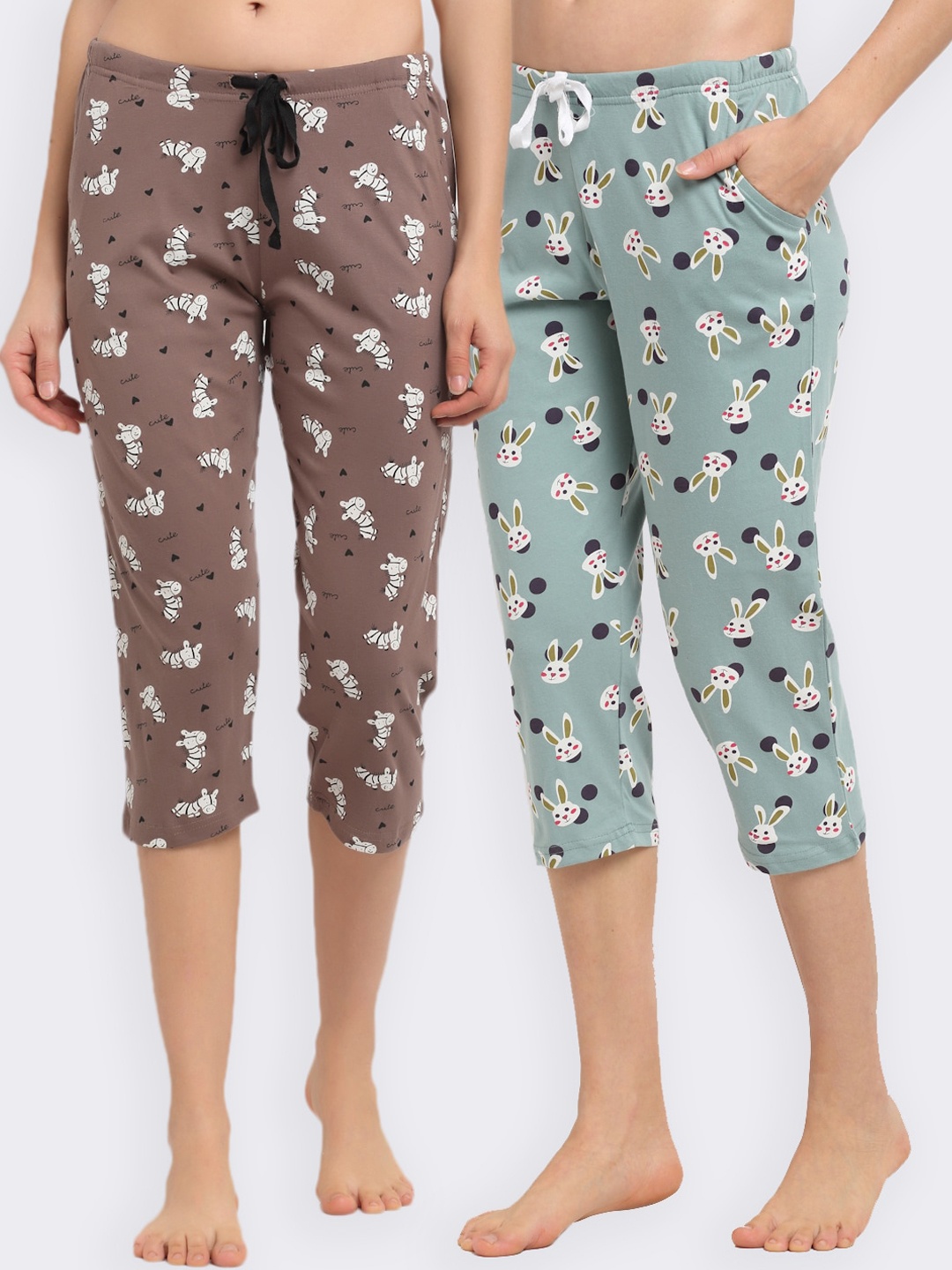 

Kanvin Women Pack Of 2 Printed Pure Cotton Lounge Capri, Sea green