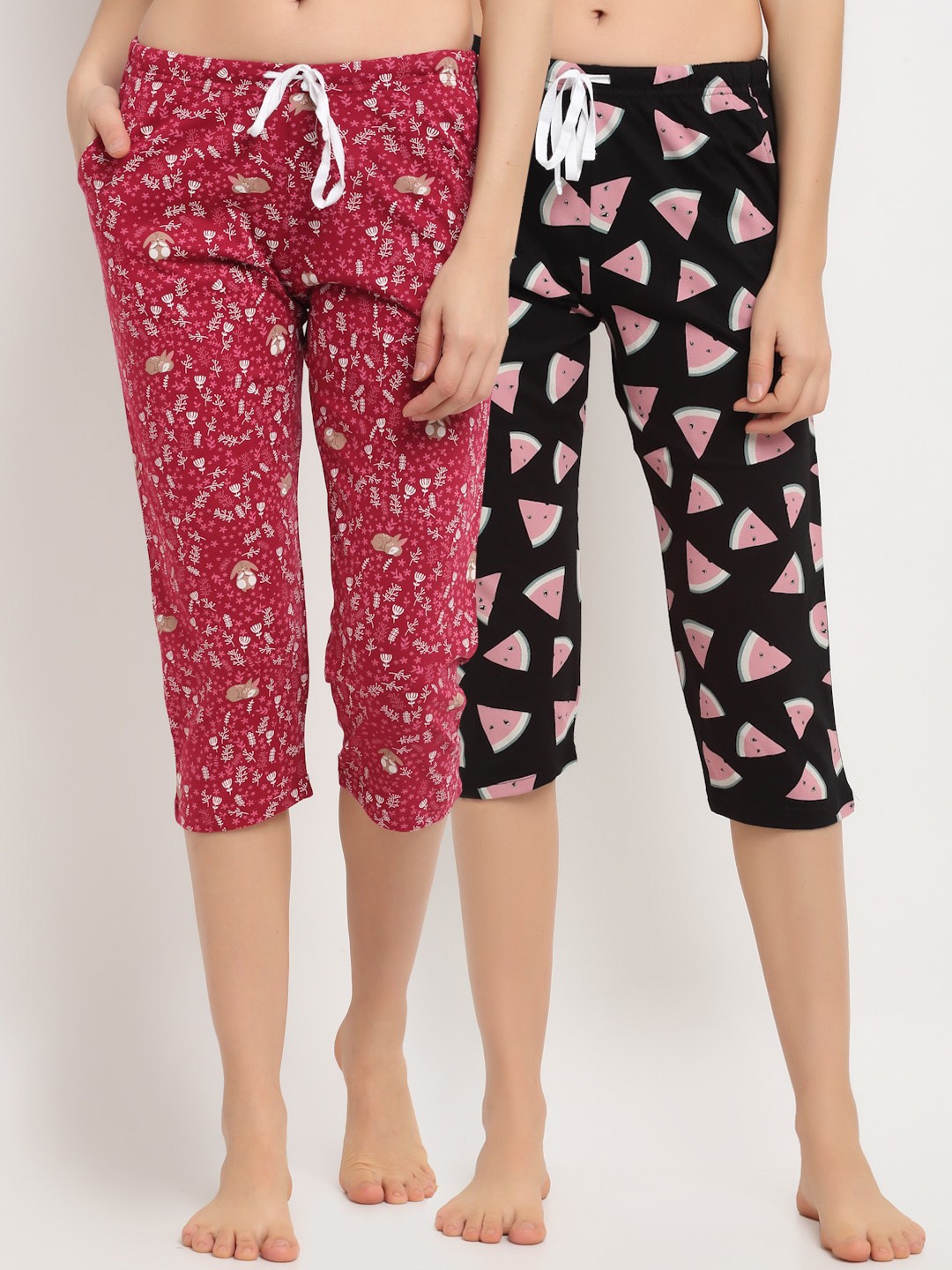 

Kanvin Women Black & Red Pack Of 2 Printed Pure Cotton Lounge Capri