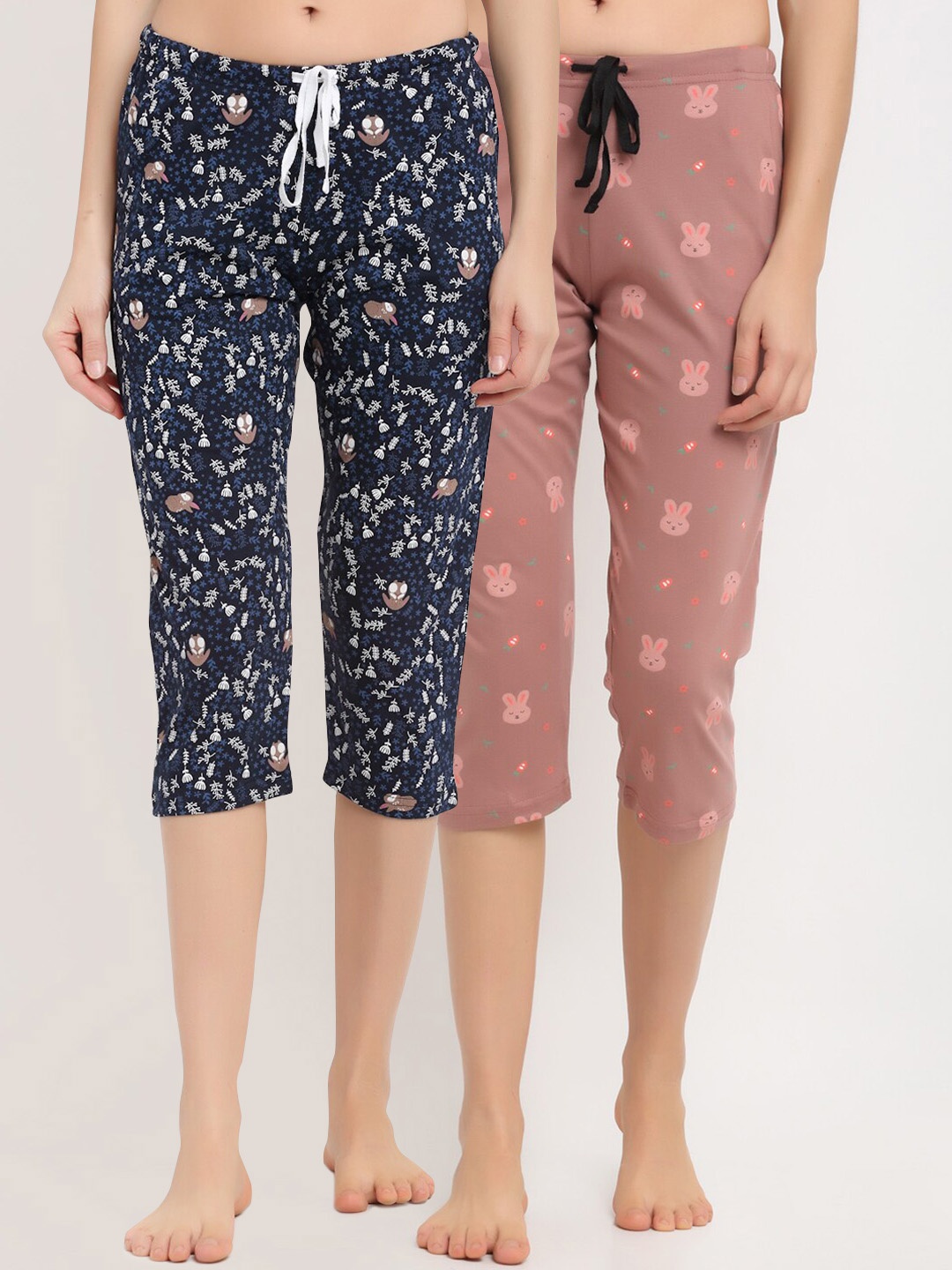 

Kanvin Women Mauve & Navy Blue Pack Of 2 Printed Pure Cotton Lounge Capri