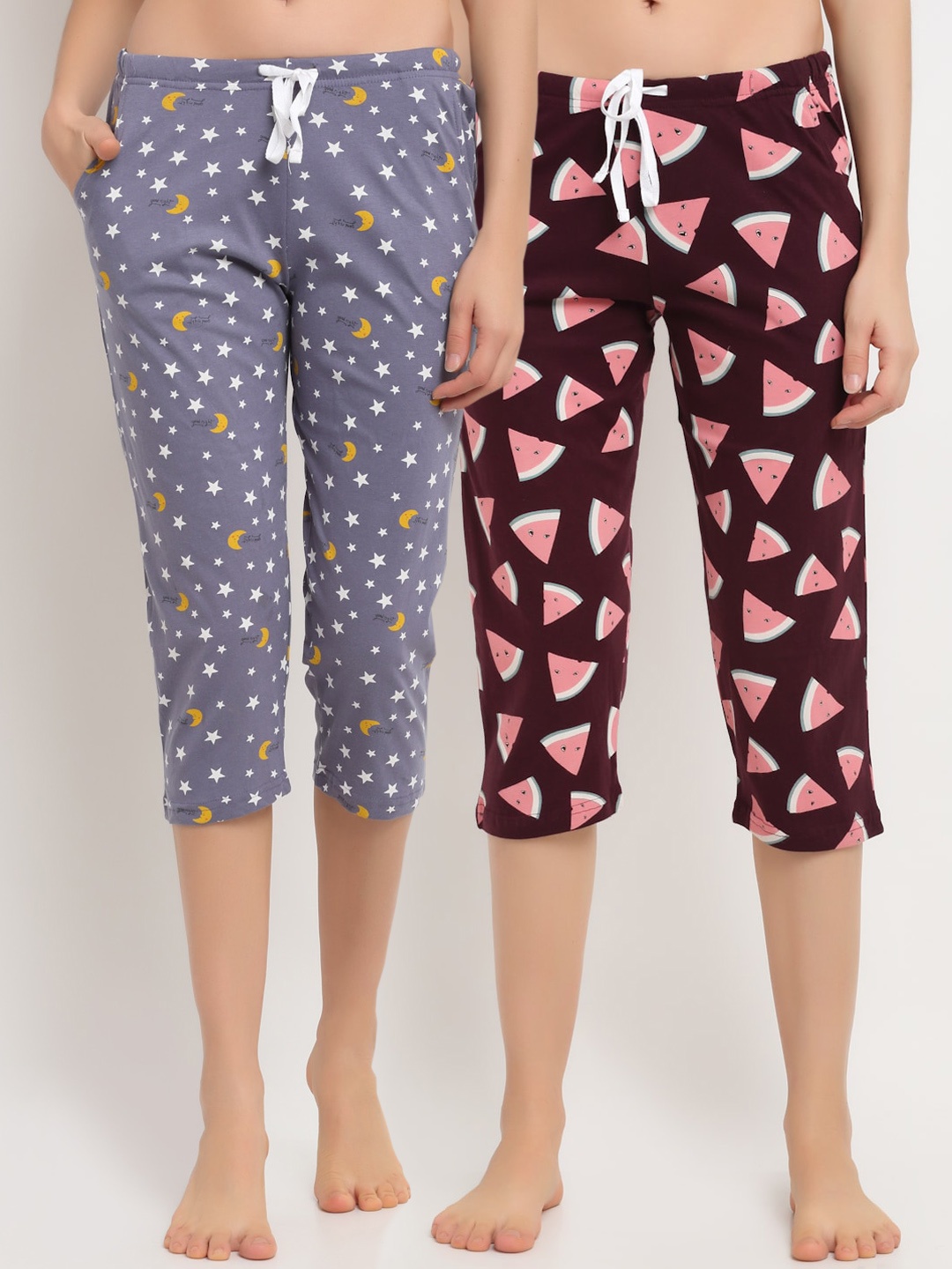 

Kanvin Women Pack Of 2 Pure Cotton Capri Lounge Pants, Coffee brown