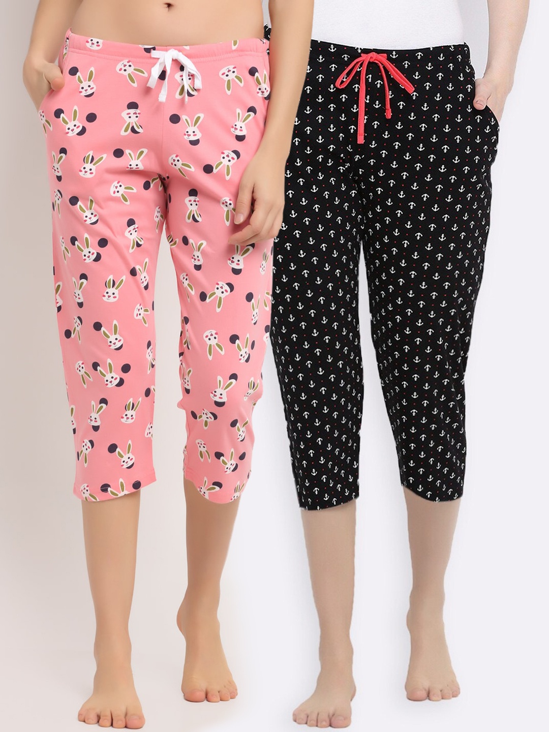 

Kanvin Women Pack of 2 Pink & Black Printed Pure Cotton Capri Lounge Pants