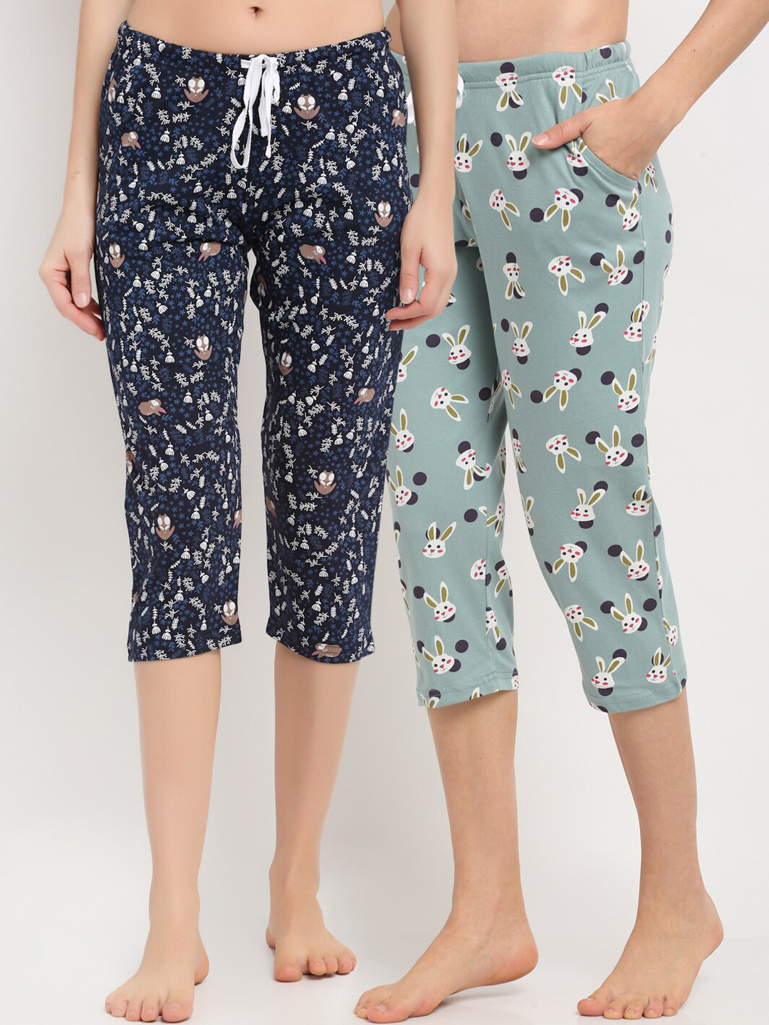 

Kanvin Women Pack Of 2 Sea Green & Navy Blue Printed Pure Cotton Lounge Capris