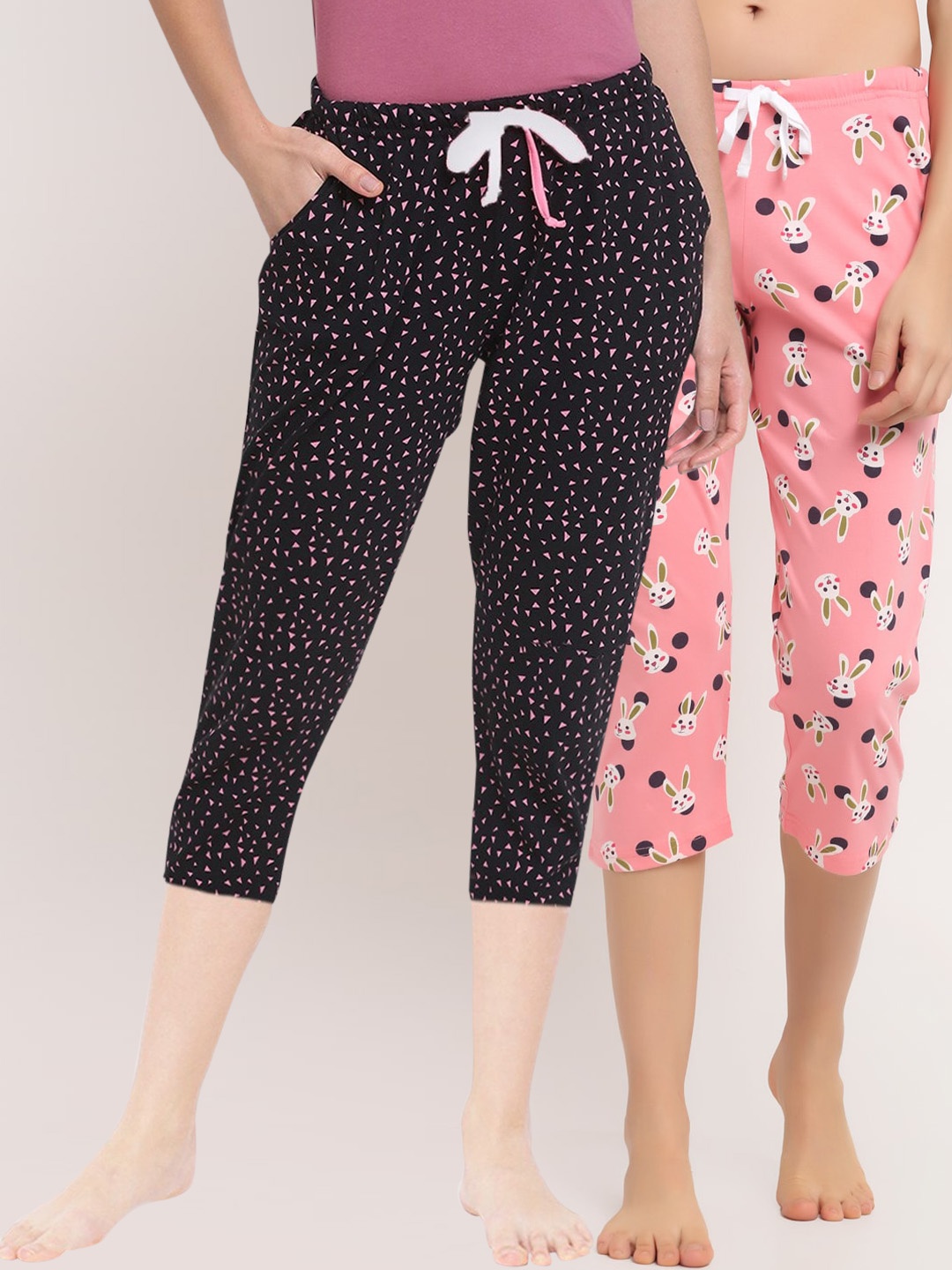 

Kanvin Women Pack Of 2 Printed Pure Cotton Three-Fourth Lounge Pants, Pink