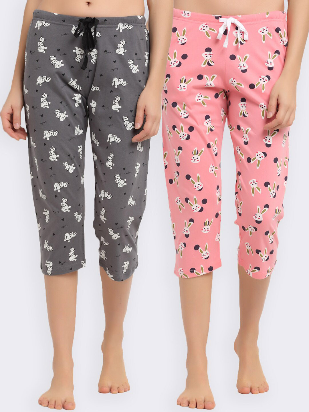 

Kanvin Women Pack Of 2 Printed Pure Cotton Lounge Pants, Pink