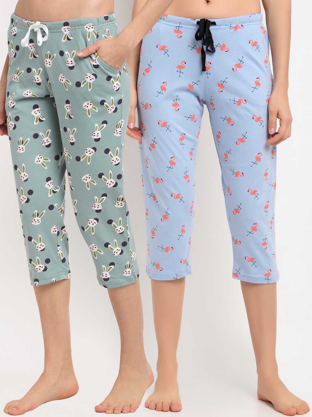 

Kanvin Pack Of 2 Sea Green & Blue Printed Pure Cotton Lounge Capri